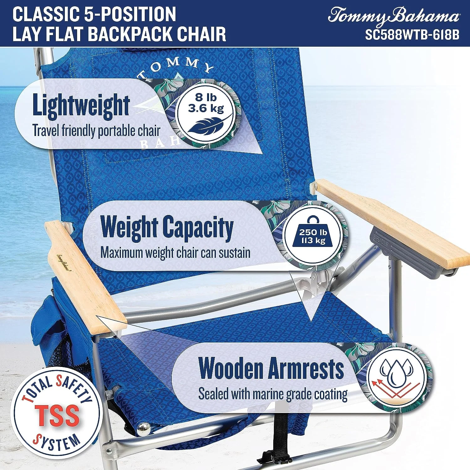 Tommy Bahama 5 Position Backpack Chair, Aluminum, Blue