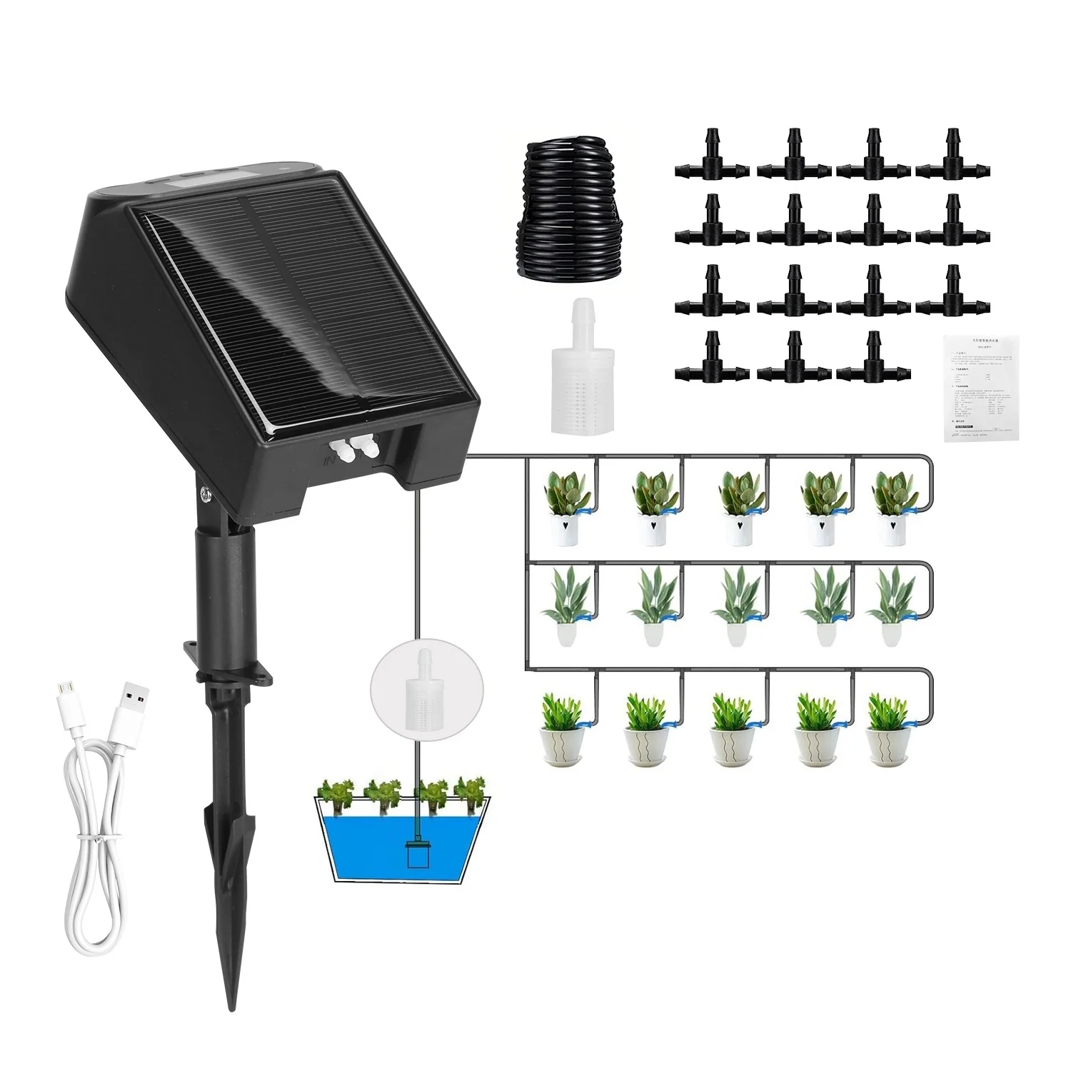 Automatic Solar Drip Irrigation Kit - Rechargeable, Watering Timer, for Indoor/Outdoor