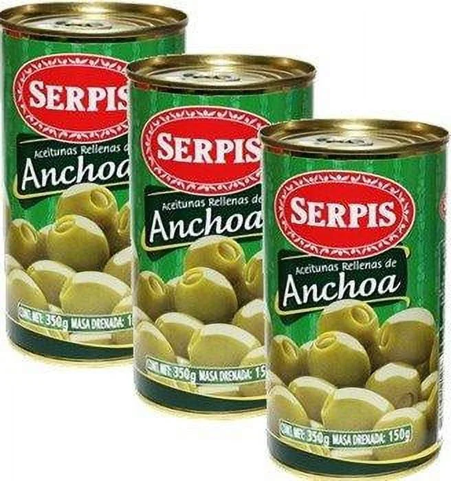 Serpis - Green Olives Stuffed with Anchovies. 12.34 oz Pack of 3