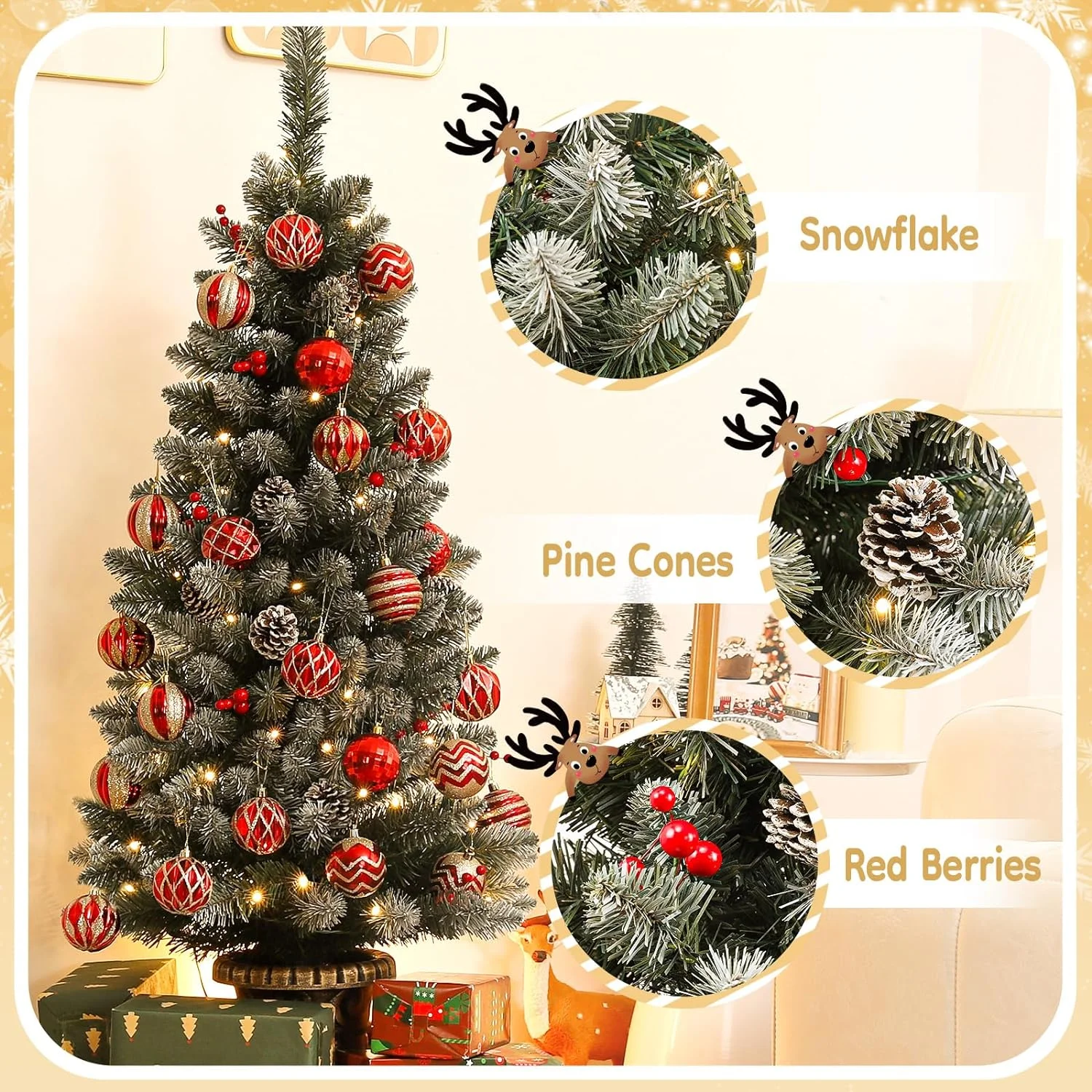 4ft Christmas Tree Pre-Lit Artificial Mini Christmas Tree with Gold Pot Base, Flocked Snow 70 Warm White Led Lights Pine Cones Red Berries, for Entrances, Home Decorations Holiday Decor