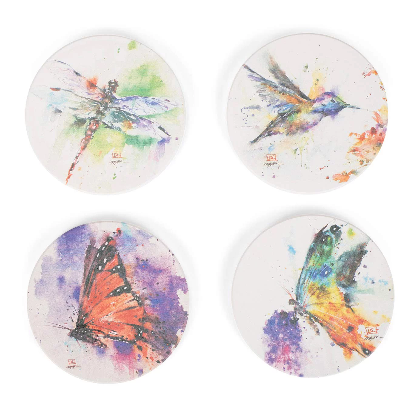 DEMDACO Dean Crouser Butterfly Hummingbird Dragonfly Garden Friends Watercolor 4 x 4 Absorbent Ceramic and Cork Coasters Set of 4