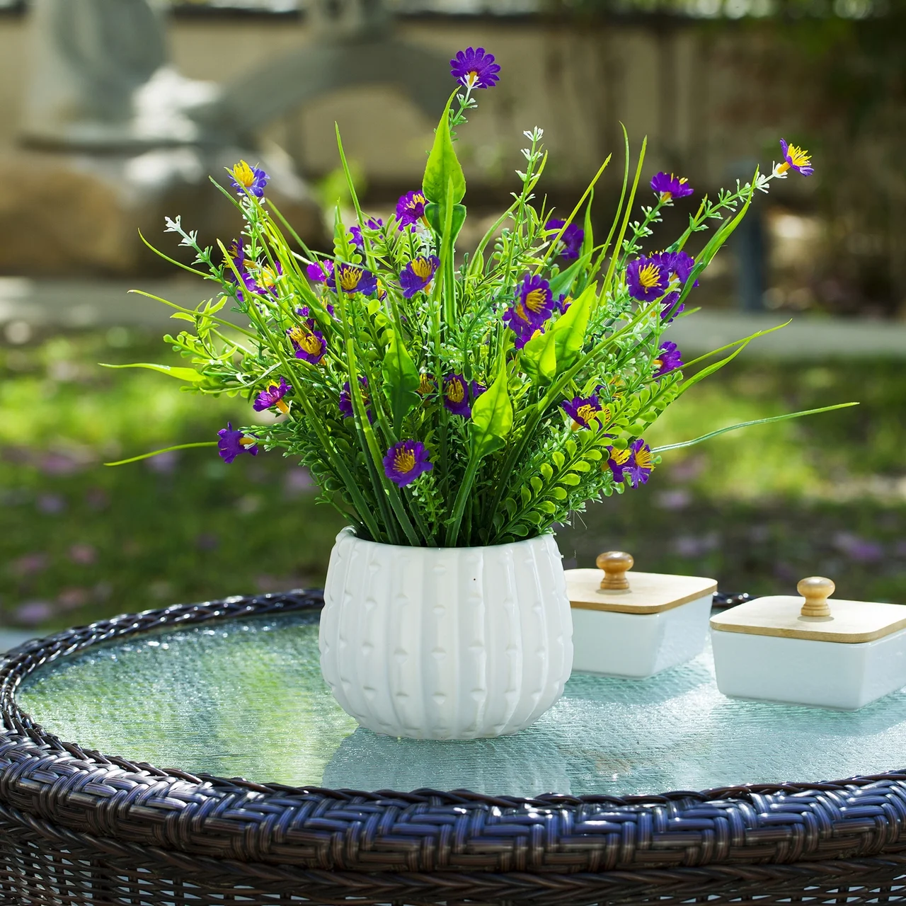 Enova Home Mixed Artificial Mini Silk Sunflowers Arrangement in White Ceramic Pot for Home Garden Decoration (Purple)