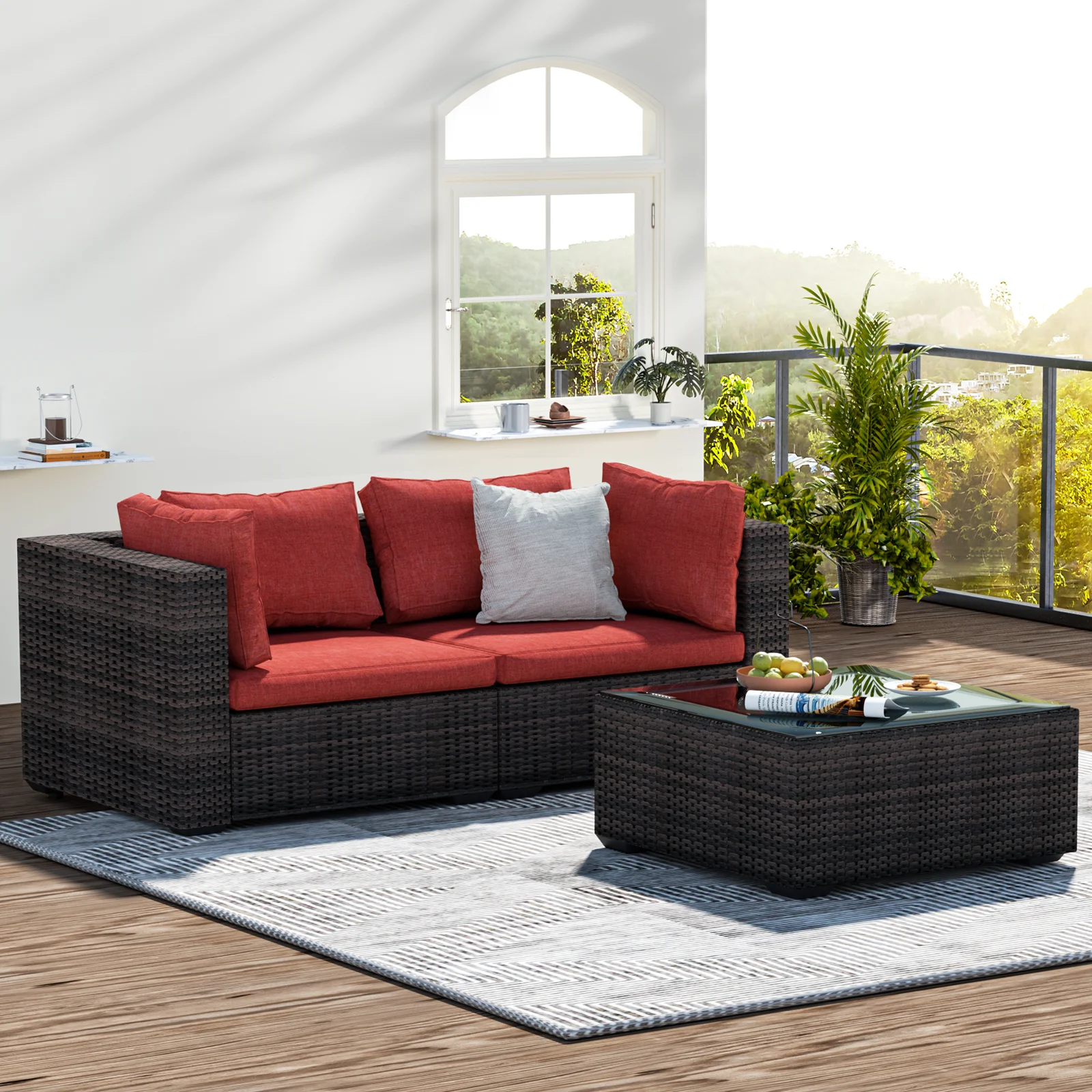 Grezone 3 Pieces Patio Furniture Set, All Weather Outdoor Sectional PE Rattan, Patio Conversation Sets with Cushions and Glass Coffee Table for Garden Lawn Balcony Porch Deck, Red
