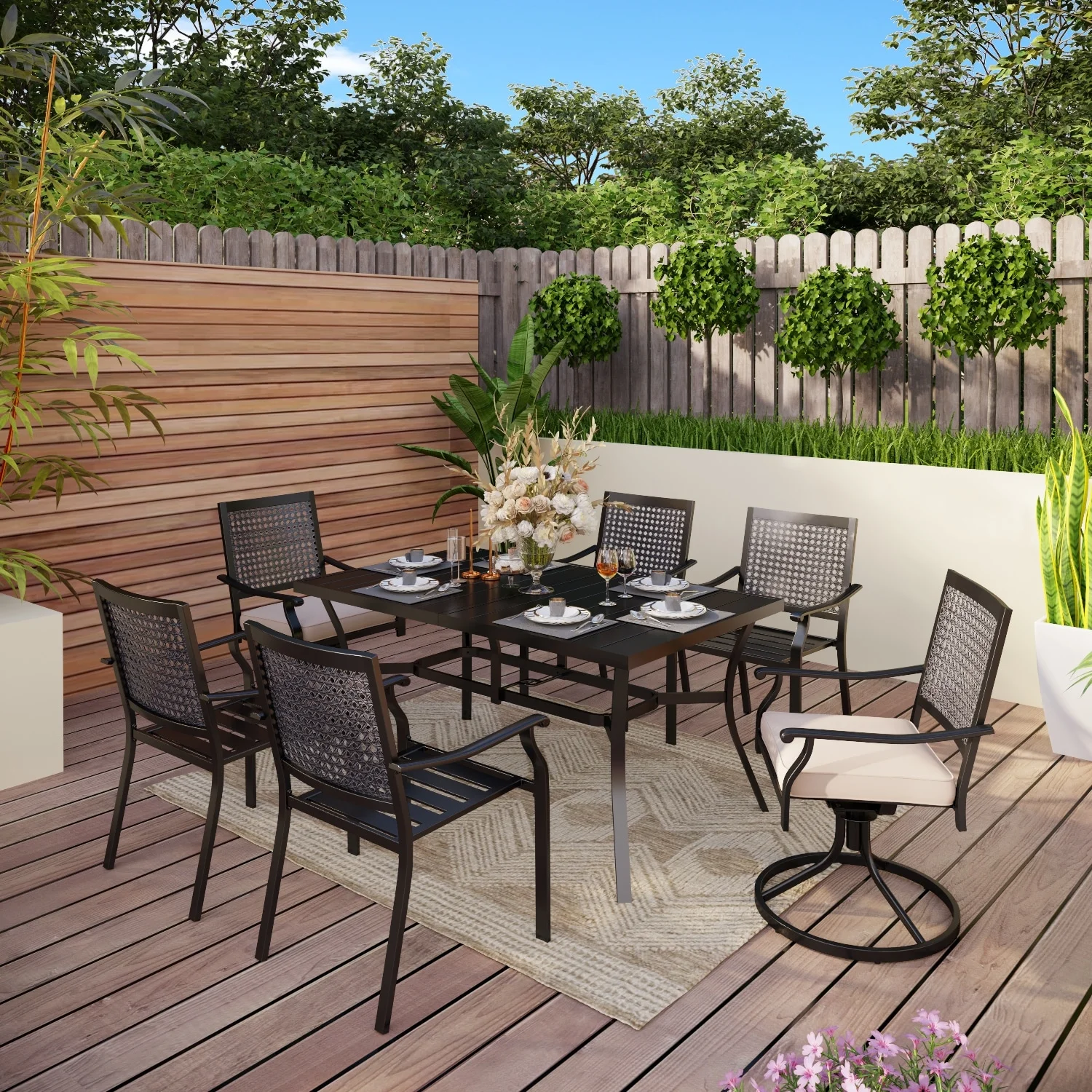 7/8-Piece Metal E-coating Patio Dining Set with Patio Umbrella Black