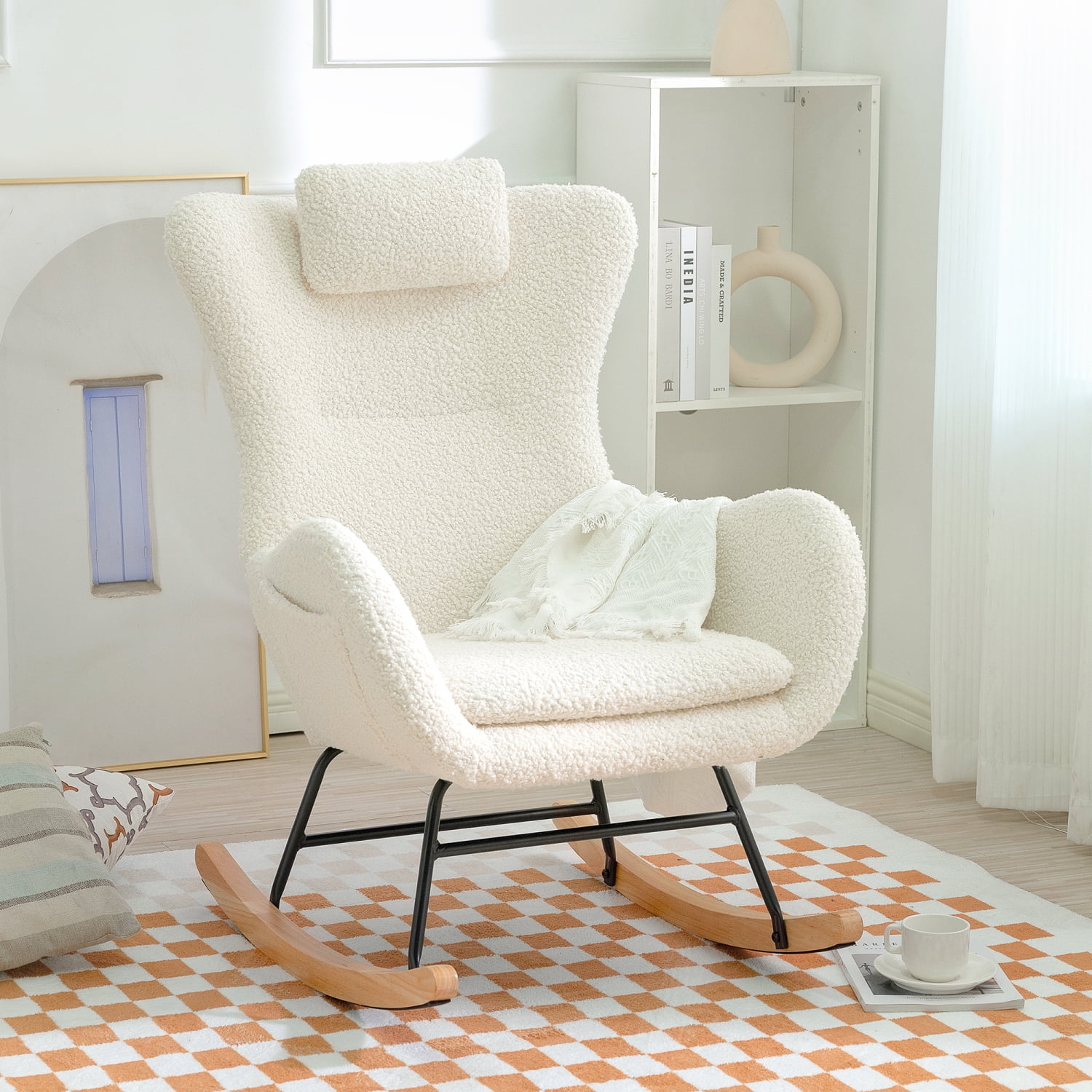 Cozy Teddy Upholstered Rocker Glider Chair with High Backrest  Adjustable Headrest & Pocket for Nursery  Bedroom  Living Room  and Office - White Rocking Chair made with Rubber wood
