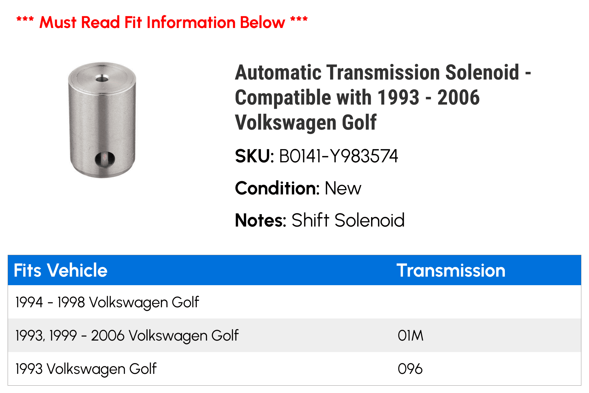 Automatic Transmission Solenoid - Compatible with 1993 - 2006 Volkswagen Golf 1994 1995 1996 1997 1998 1999 2000 2001 2002 2003 2004 2005