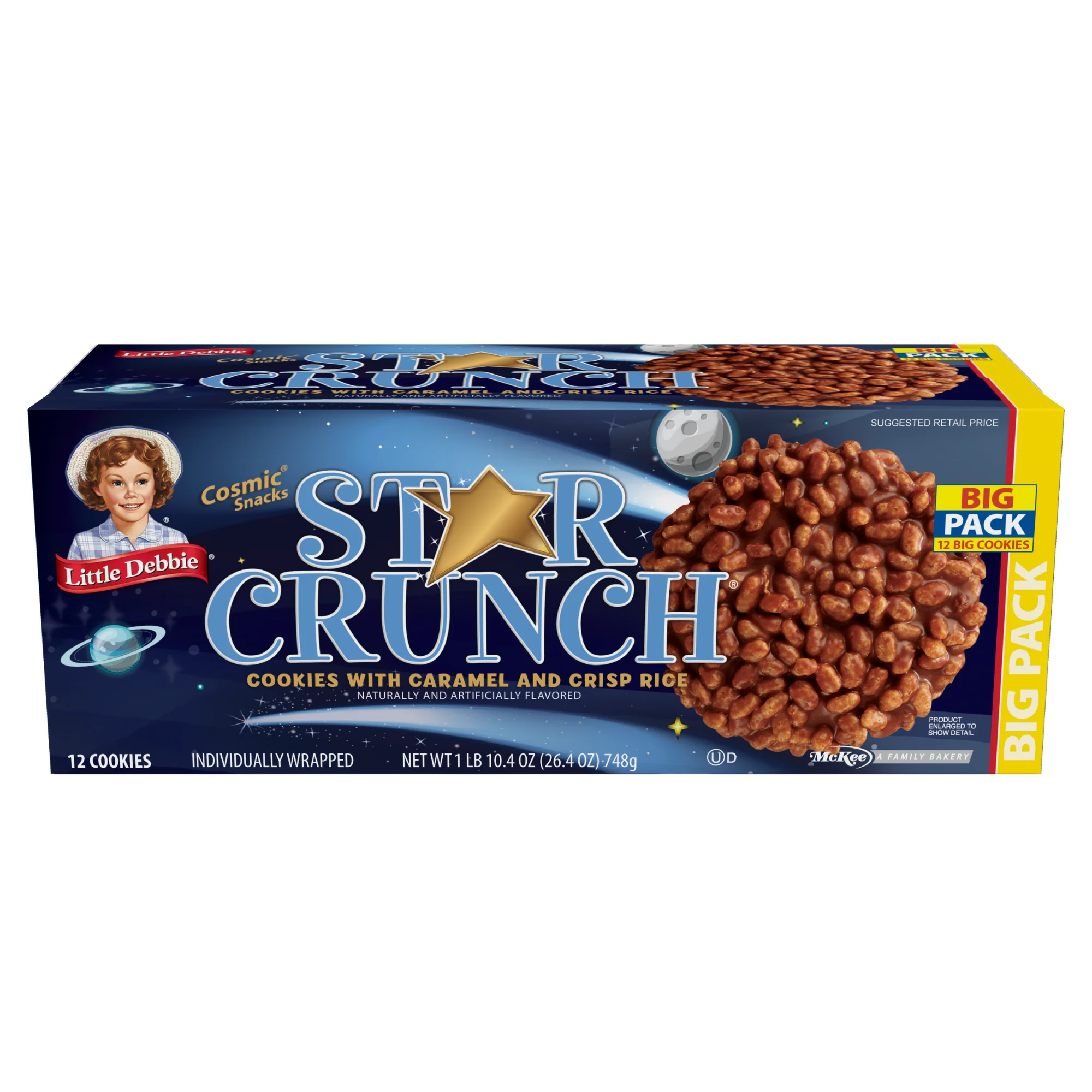 Little Debbie Star Crunch Cosmic Snacks, 3 Big Pack Boxes, 36 Individually Wrapped Cookies with Caramel and Crisp Rice