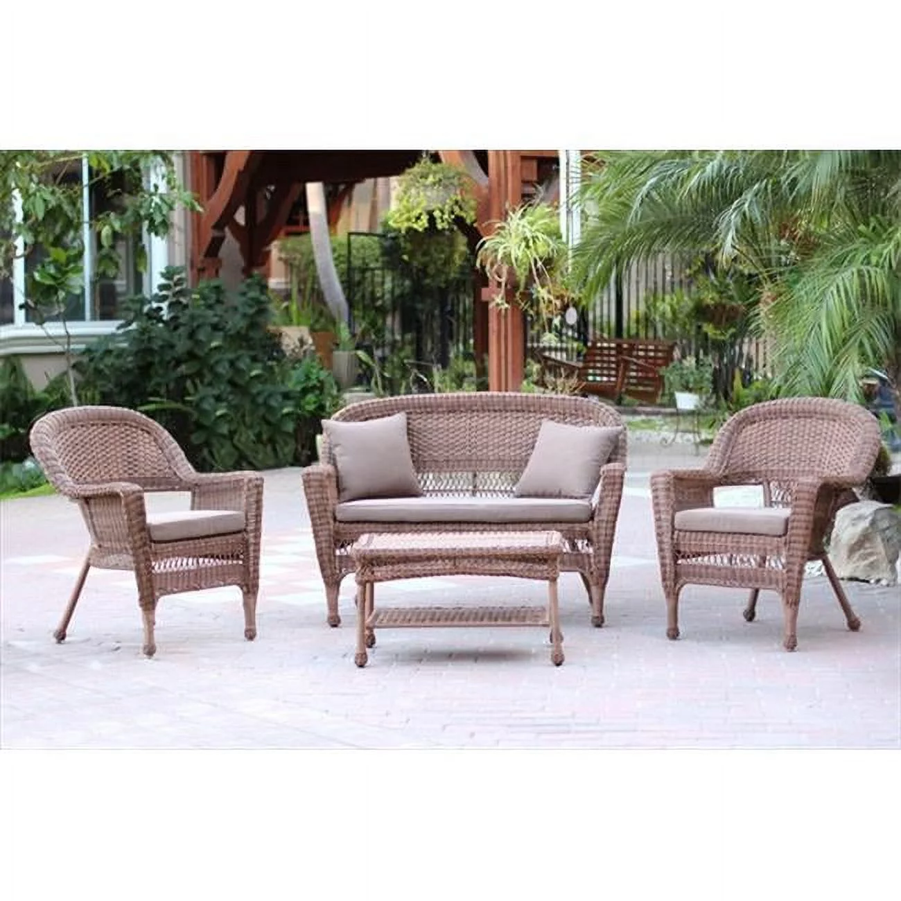 Jeco W00205-G-FS007 4 Piece Honey Wicker Conversation Set - Cocoa Brown Cushions