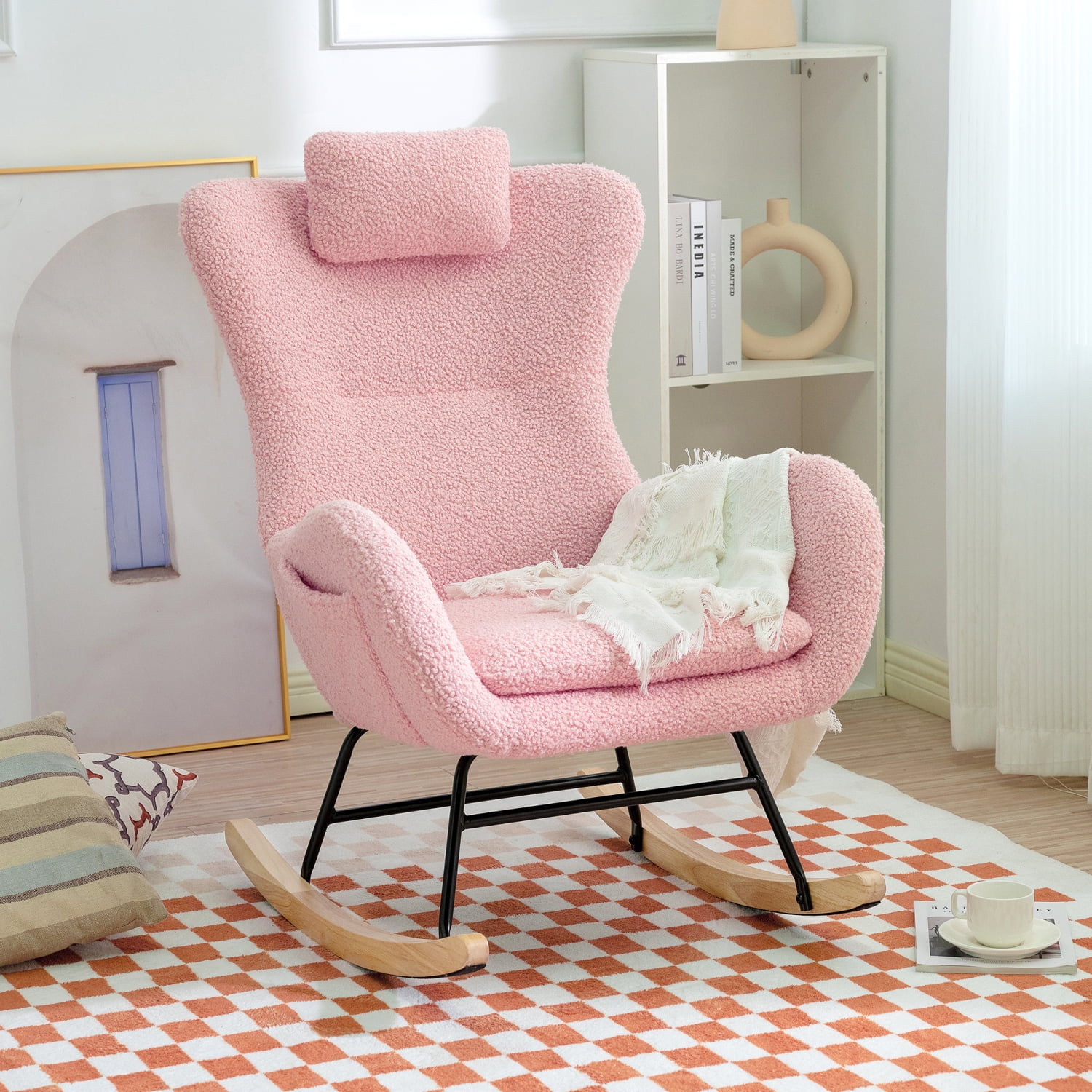 Rocking Chair Nursery  Teddy Upholstered Rocker Glider Chair with High Backrest  Adjustable Headrest & Pocket  Comfy Glider Chair for Nursery  Bedroom  Living Room  Offices  Rubber wood