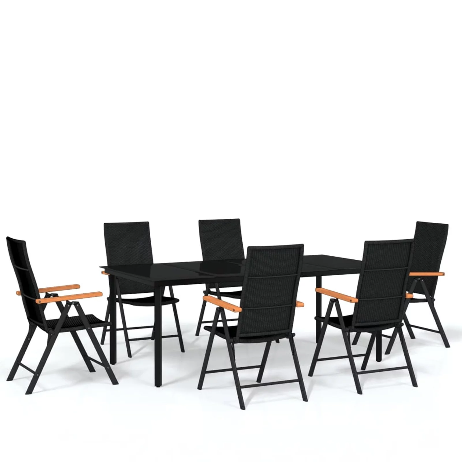 Anself Set of 7 Outdoor Dining Set Glass Tabletop Table and Backrest Adjustable 6 Garden Chairs Black PE Rattan Dinner Set for Balcony, Yard, Deck, Lawn, Patio