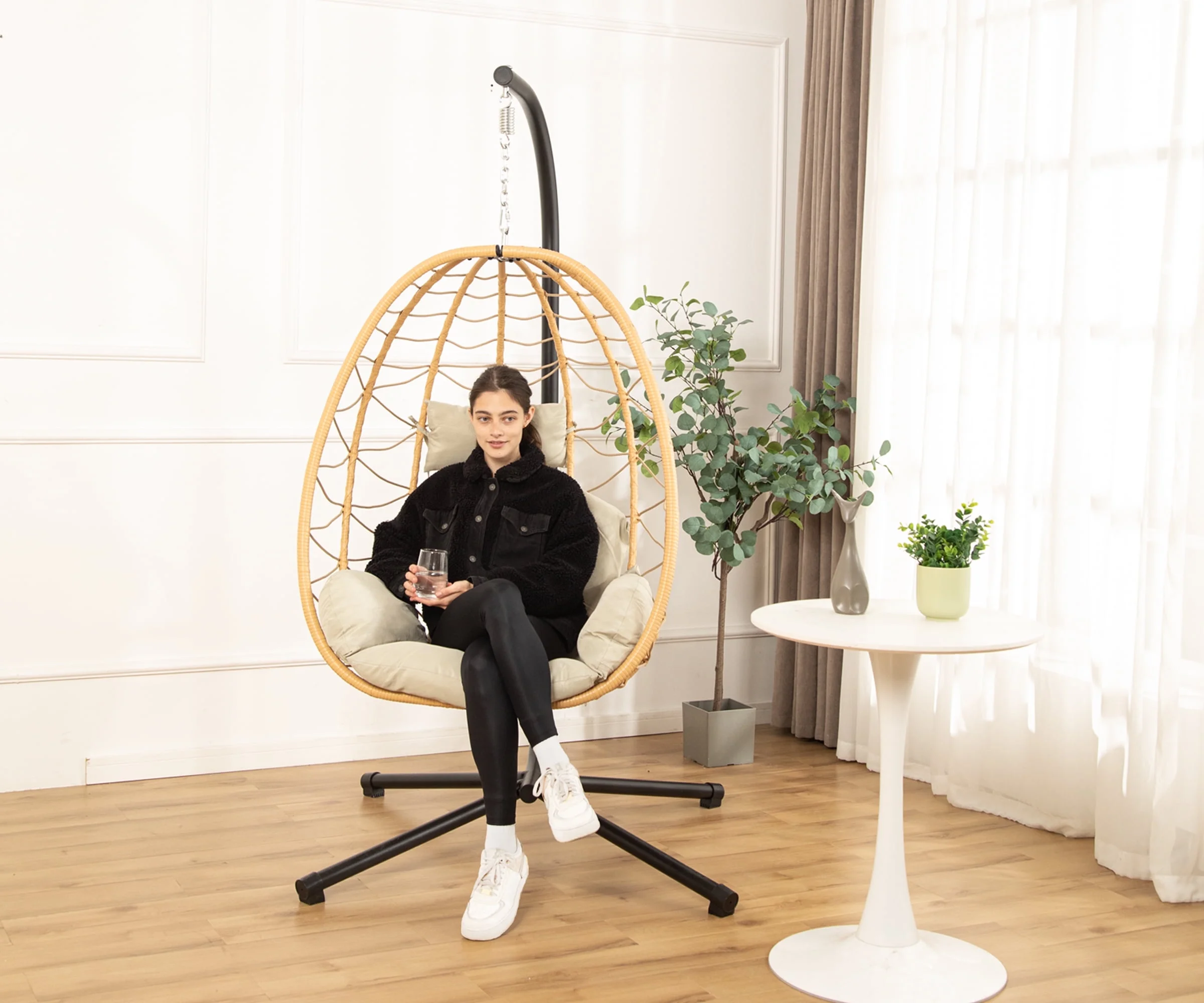 LHBcraft Indoor Outdoor Swing Egg Chair with Stand, Patio Wicker Hanging Egg Basket Chair with Soft Cushion 350LBS Capacity Yellow&Beige