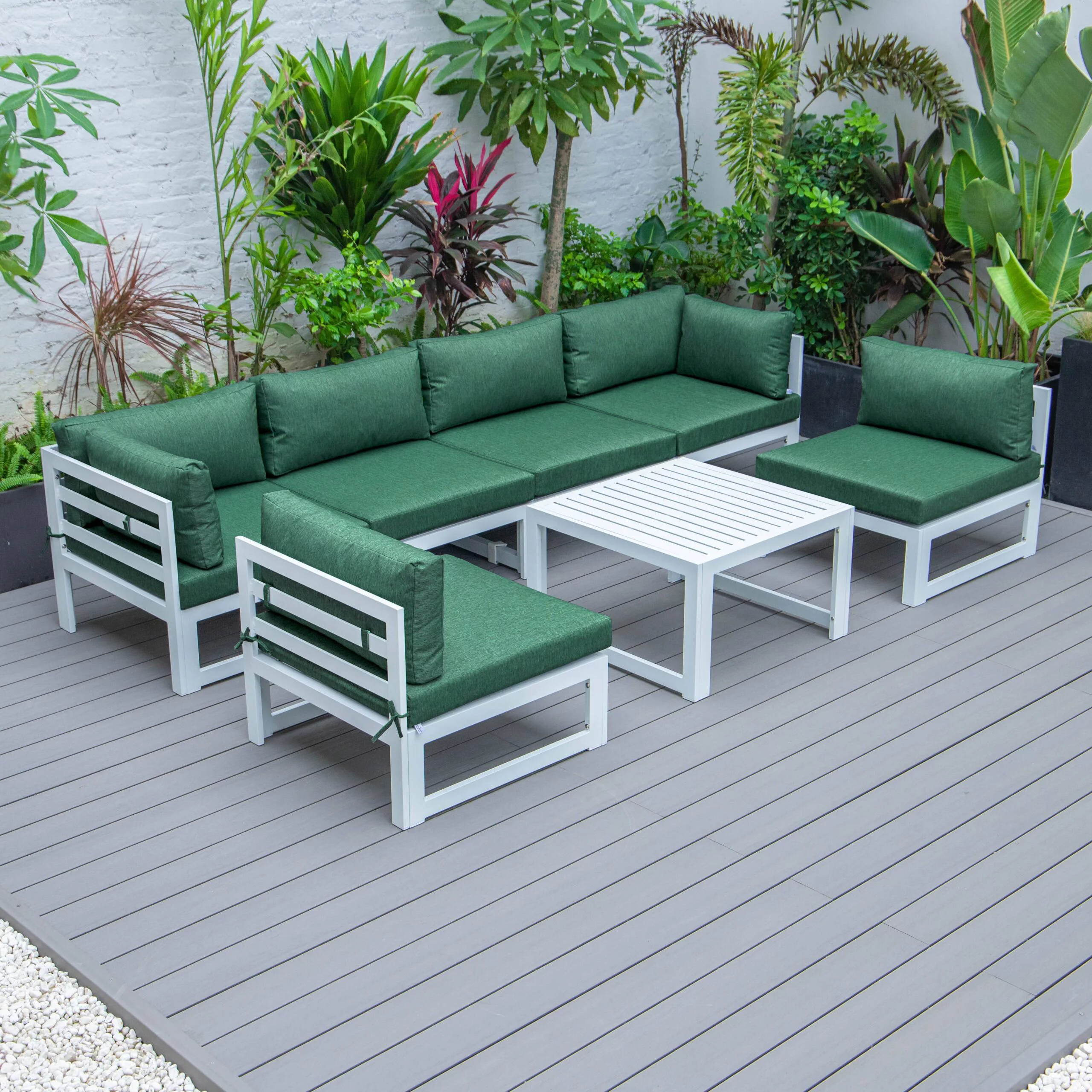 LeisureMod Chelsea 7-Piece Outdoor Patio Conversation Set in White Aluminum with Coffee Table & Cushions In Green