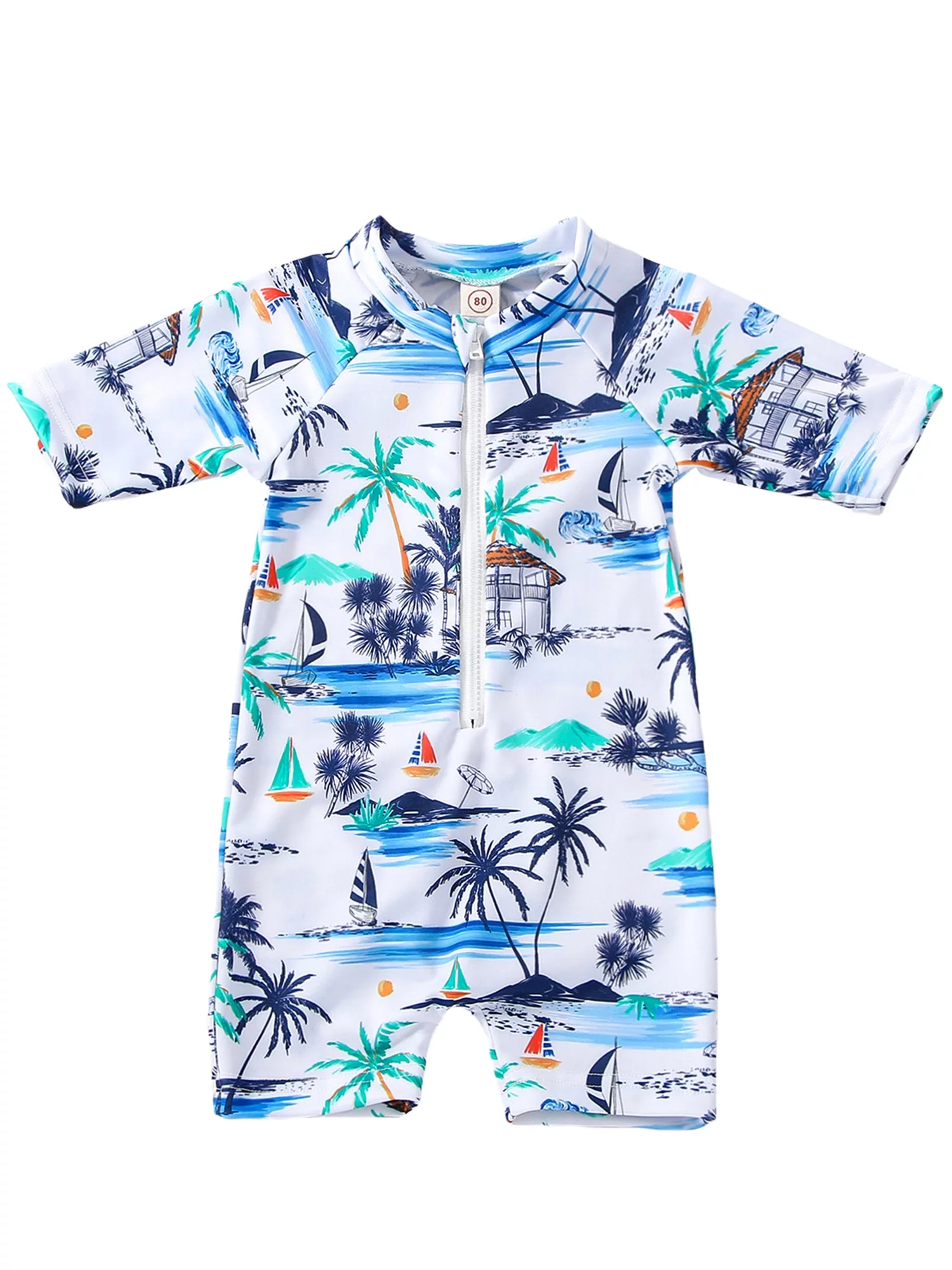HOANSELAY Boy Romper Swimsuit, Long Sleeve Stand Neck Zipper Coconut Tree Beach Print Beach Swimwear Jumpsuit