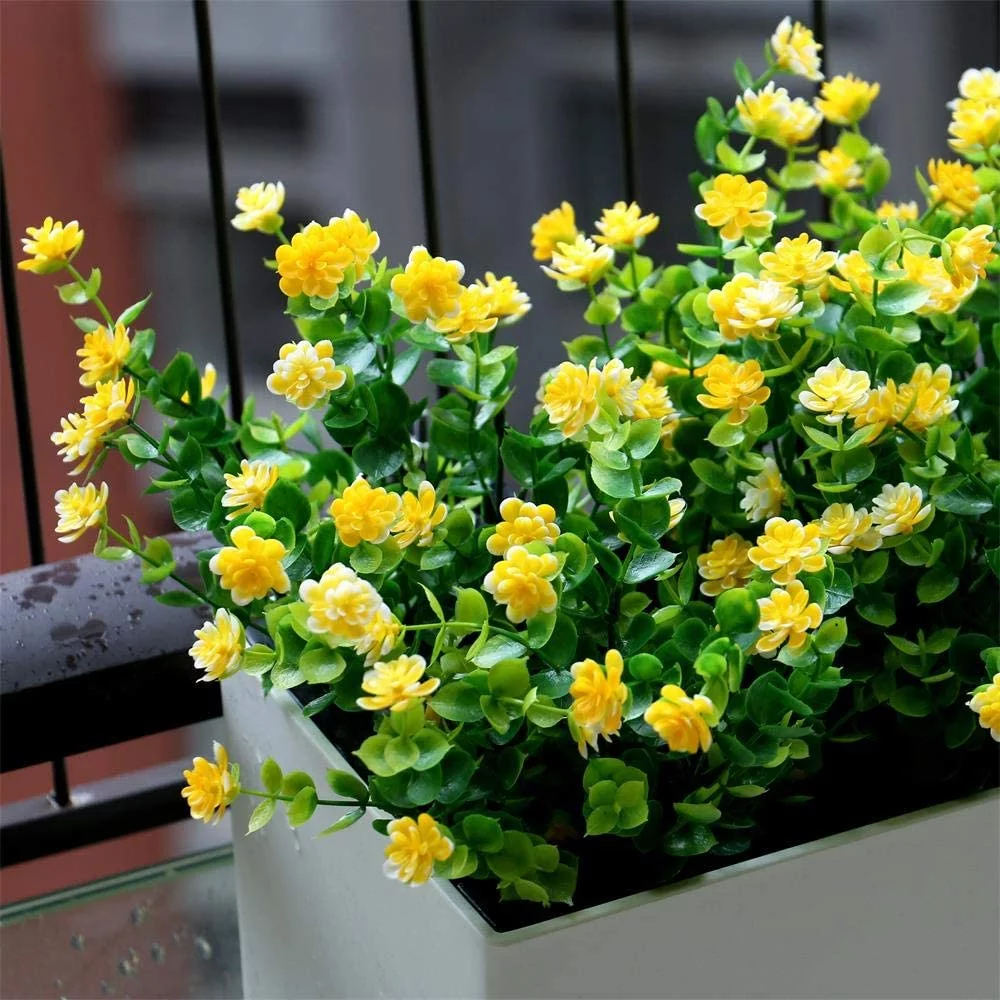 6 Pcs Artificial Fall Flowers Outdoor UV Resistant Autumn Fake Plastic Plants Faux Greenery Shrubs Arrangement for Garden Porch Window Box Patio Home Outside Indoor Decoration (Yellow)