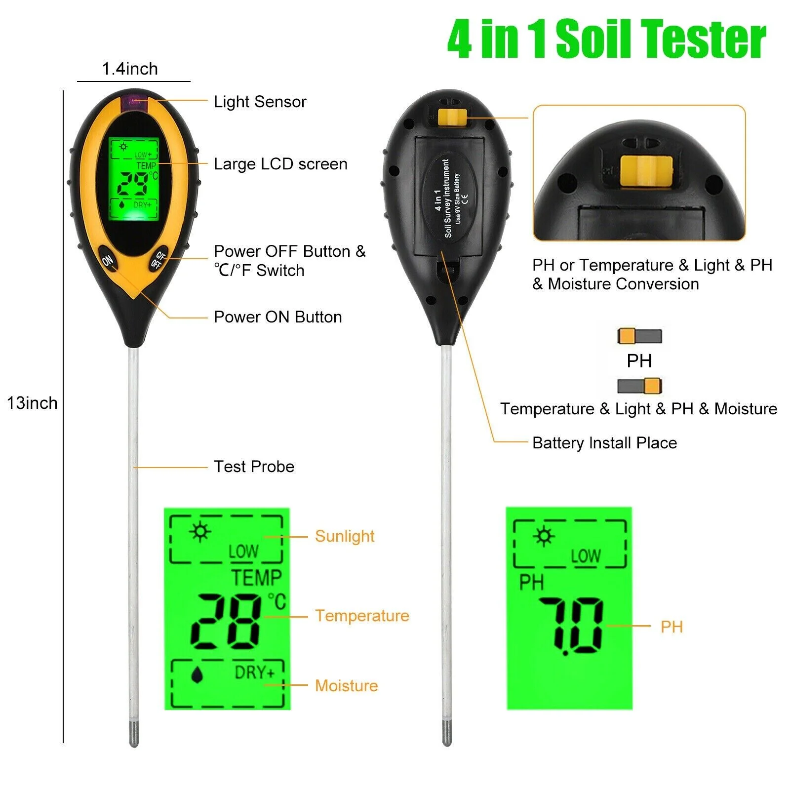 LCD Digital PH Soil Tester Water Moisture Temperature Sunlight Test Meter Plant
