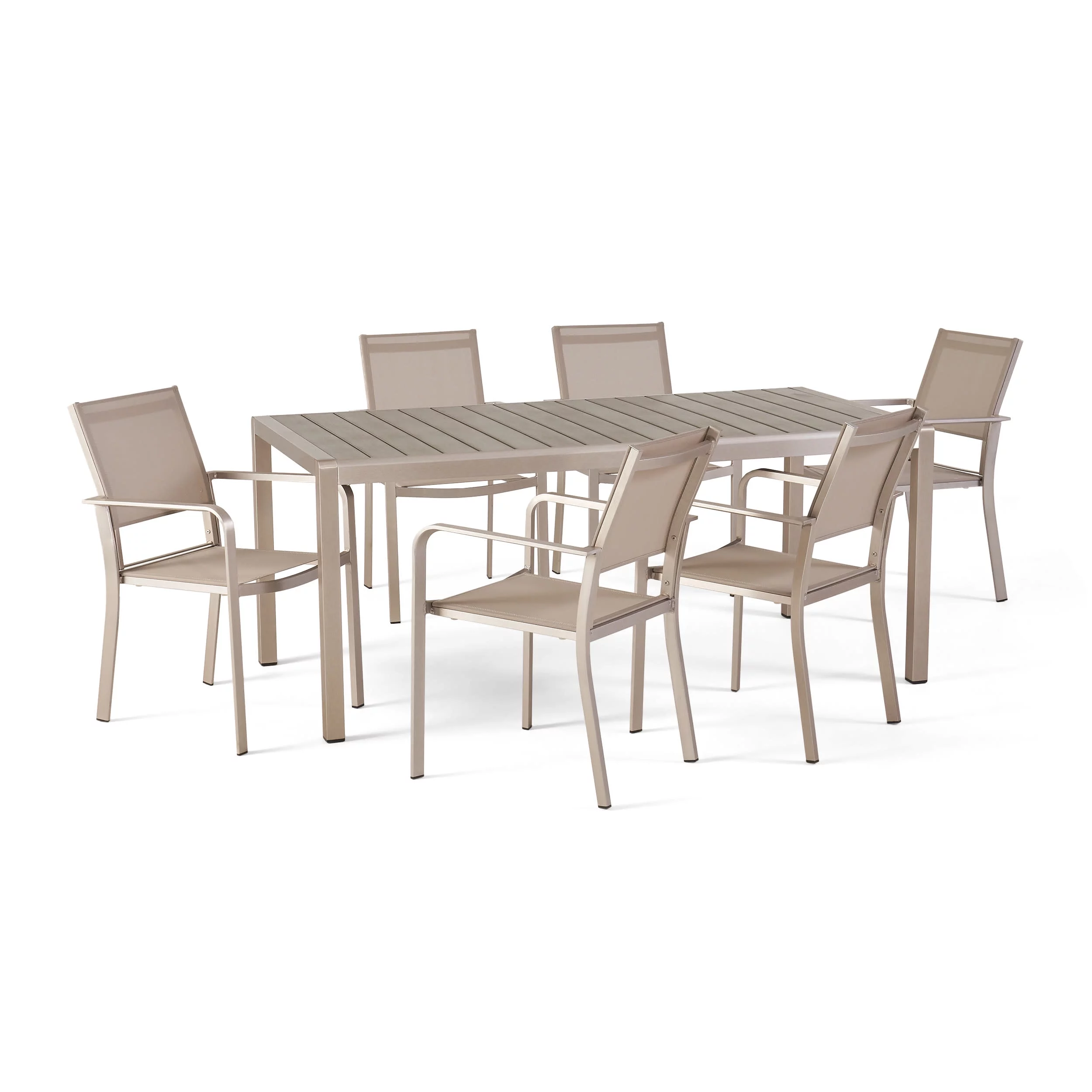 GDF Studio Tonti Outdoor Mesh and Aluminum 7 Piece Dining Set, Gray Faux Wood, Silver, and Taupe