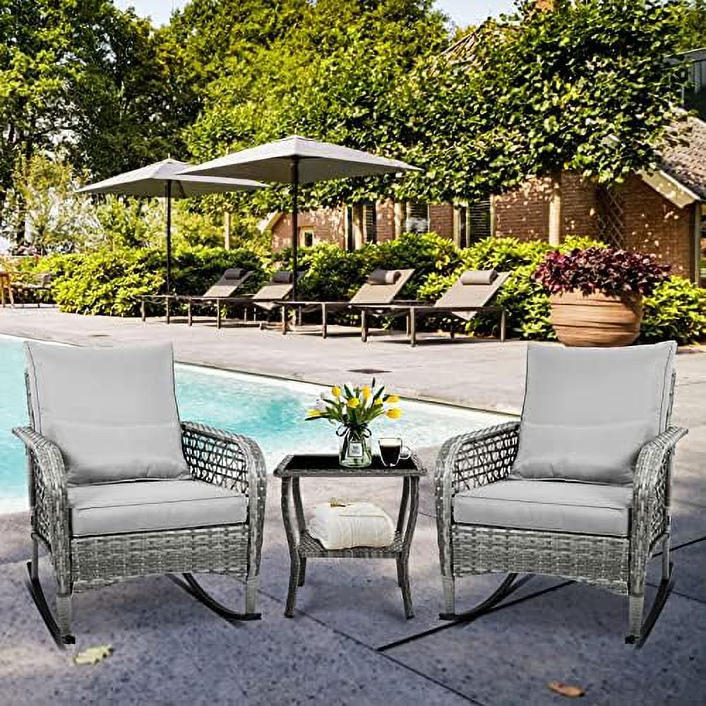 xrboomlife 3-Piece Outdoor  Set  Patio Conversation Chair  Wicker Cushioned Patio Rocker with  for Porch  Garden  Poolside & Deck  Light Grey