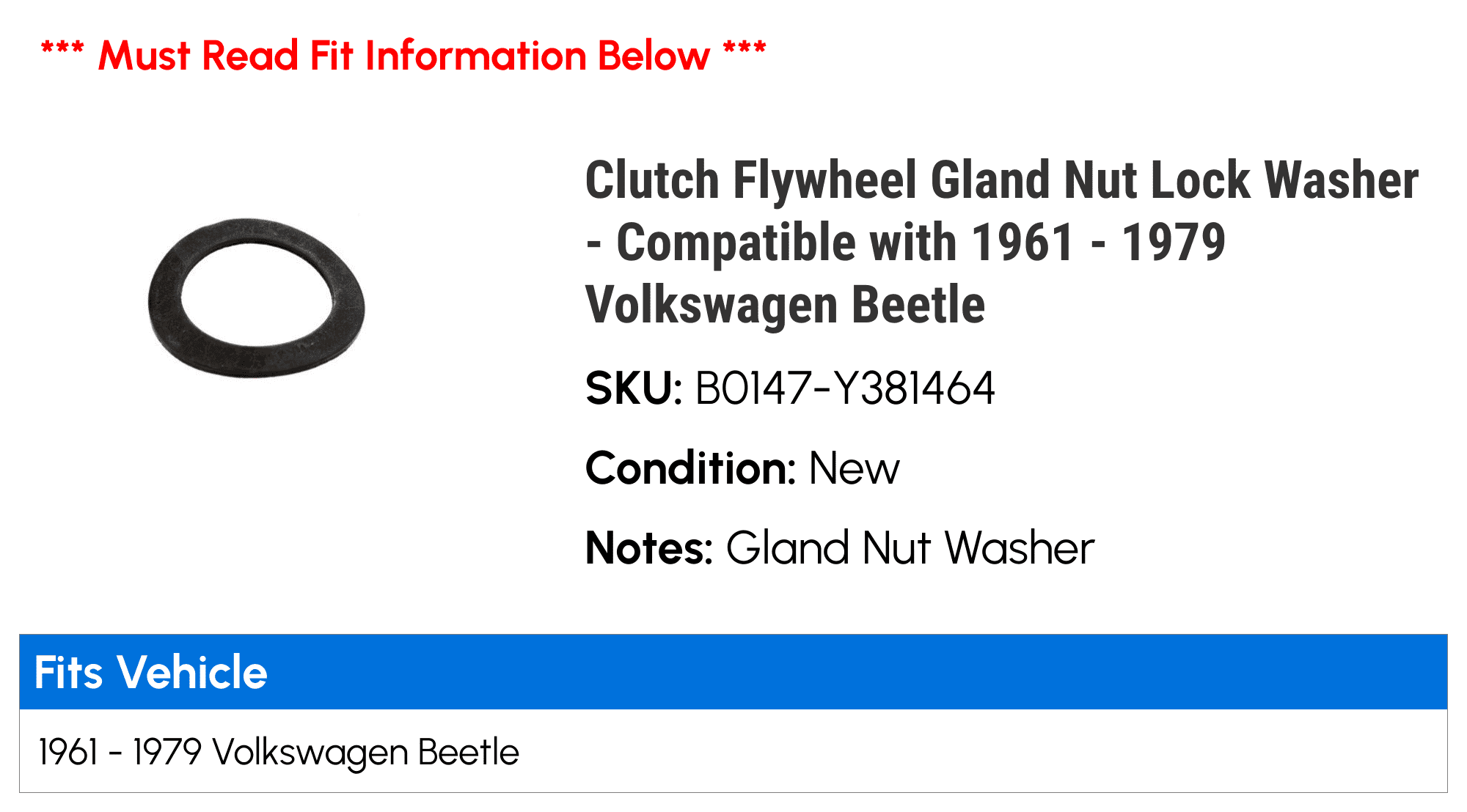 Clutch Flywheel Gland Nut Lock Washer - Compatible with 1961 - 1979 Volkswagen Beetle 1962 1963 1964 1965 1966 1967 1968 1969 1970 1971 1972 1973 1974 1975 1976 1977 1978