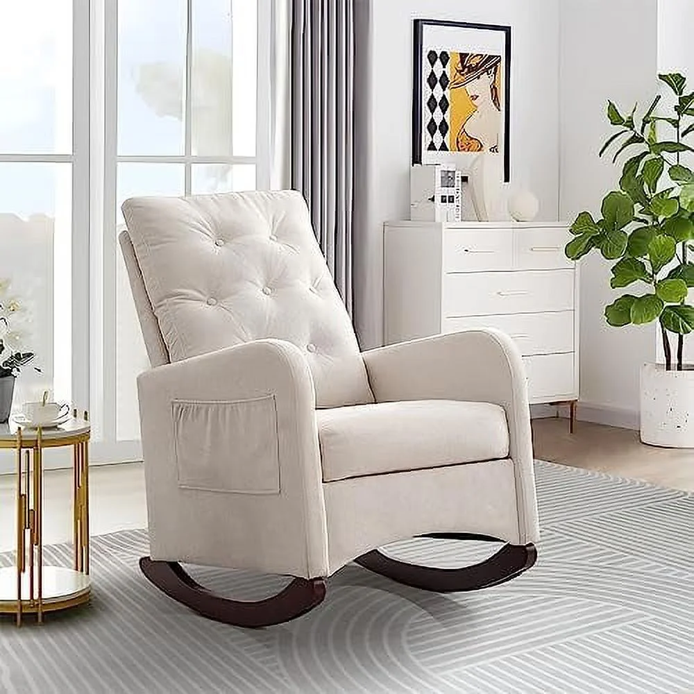 GFVCNIO Modern Rocking Chair for Nursery  Upholstered Glider Rocker Chair with Tufted High Backrest  Comfy Accent Armchair with Thick Cushion and Large Pocket for Living Room  Bedroom  Of