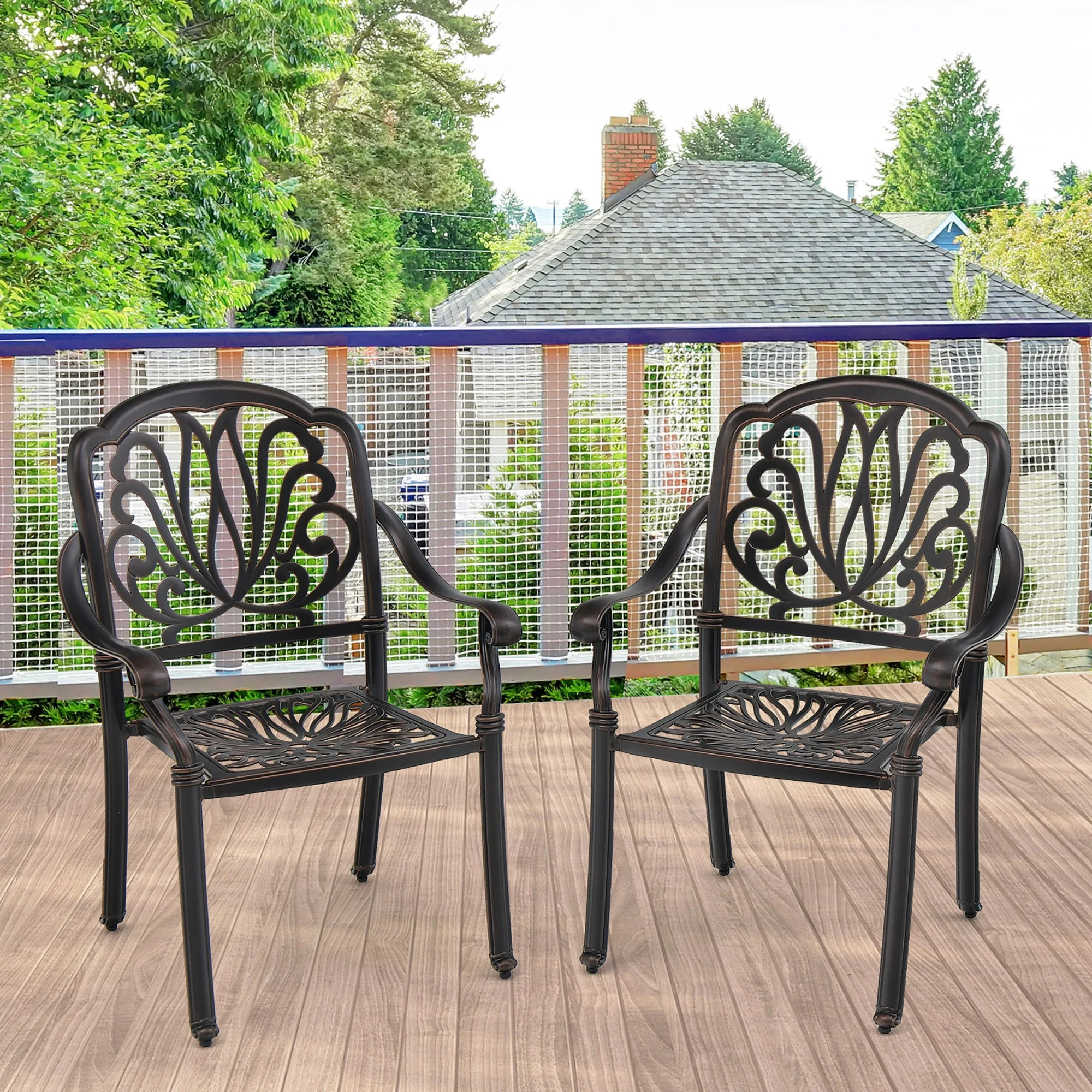 2 Pieces Cast Aluminum Chairs Set of 2 Stackable Patio Dining Chairs w/ Armrests