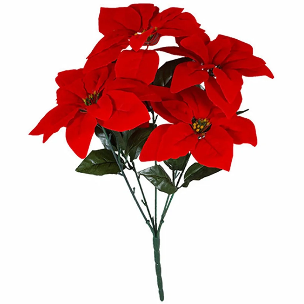 GeweYeeli Artificial Poinsettia Flower Home Office Fake Christmas Flower Party Event Floral Decoration, 5-branch