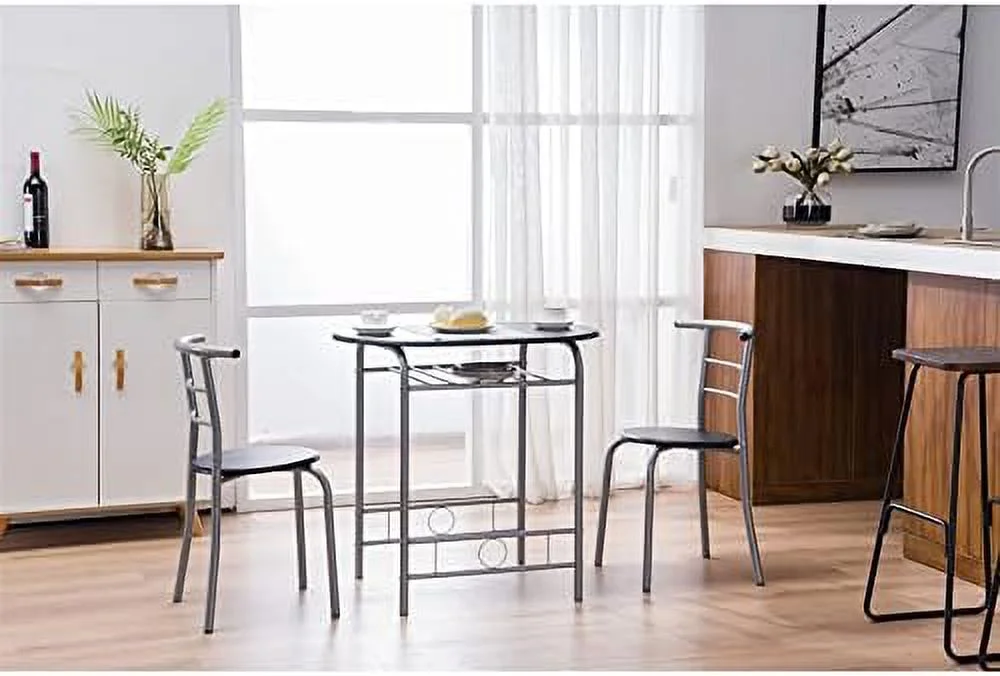 HYHBIBOOM 3-Piece Dining Table Set - Small Kitchen Breakfast Table Set - Wooden Table and 2 Chairs with Metal Frame - Compact Breakfast Nook Dining Set with Built-in Wine Rack - Space Sav