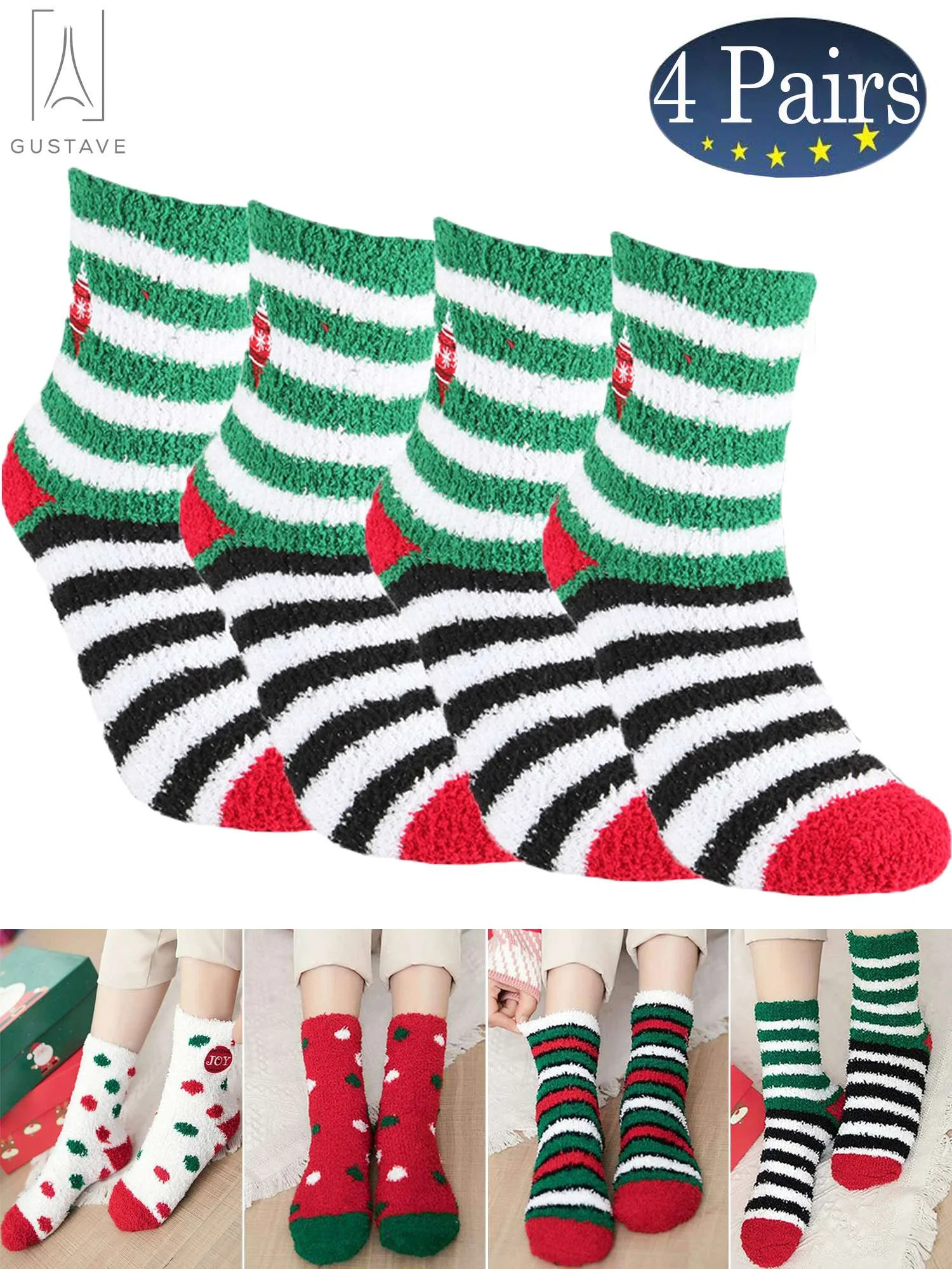 Gustave Christmas Fuzzy Socks, 4 Pairs Cute Coral Fleece Winter Warm Socks Holiday Slipper Sock for Xmas Women Girls 