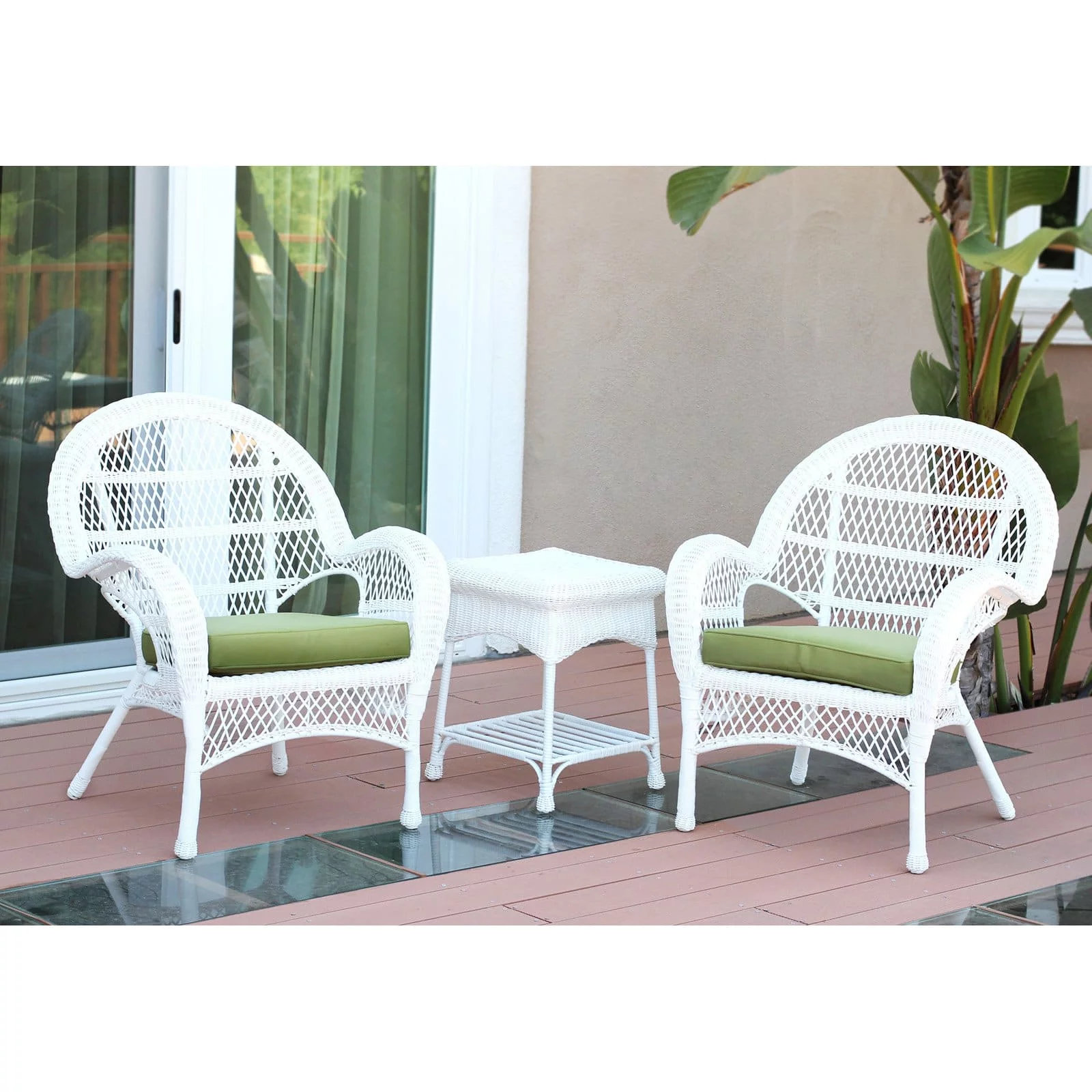 Jeco 3 Piece Wicker Conversation Set in White with Tan Cushions