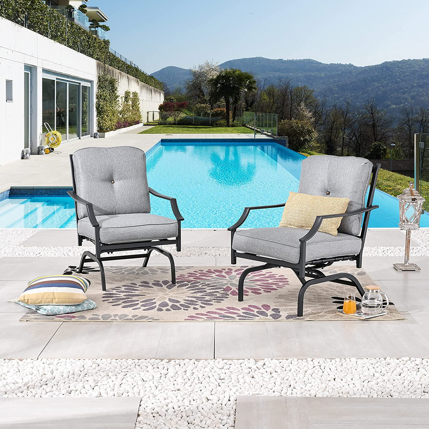 2 Pieces Patio Metal Chairs Outdoor Conversation Furniture Bistro Dining Seating Armchair Set with Cushion, Grey