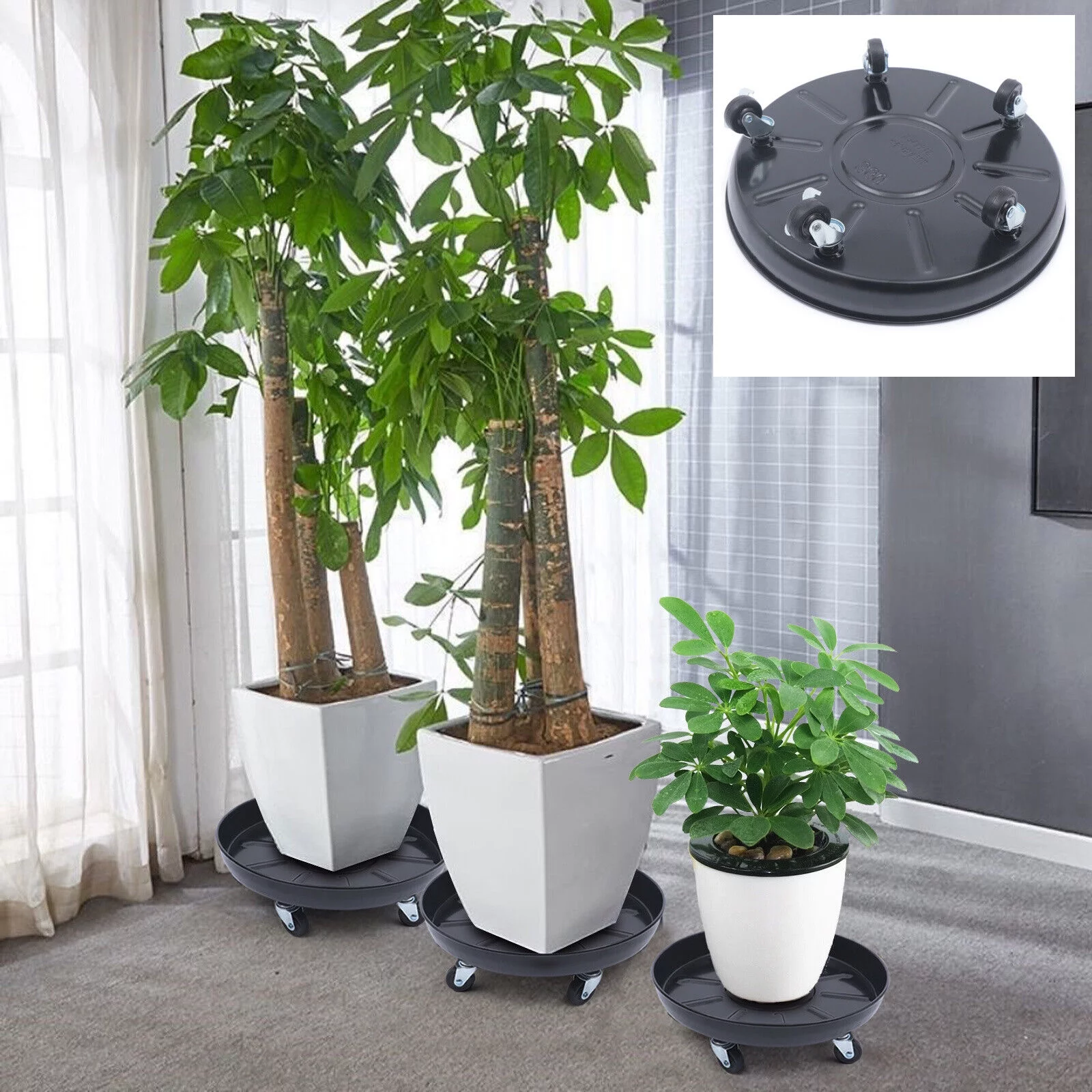 Miumaeov 3Pcs Flower Pot Tray Heavy Duty Plant Dolly Planter Mover Stand Round Plate with Wheels