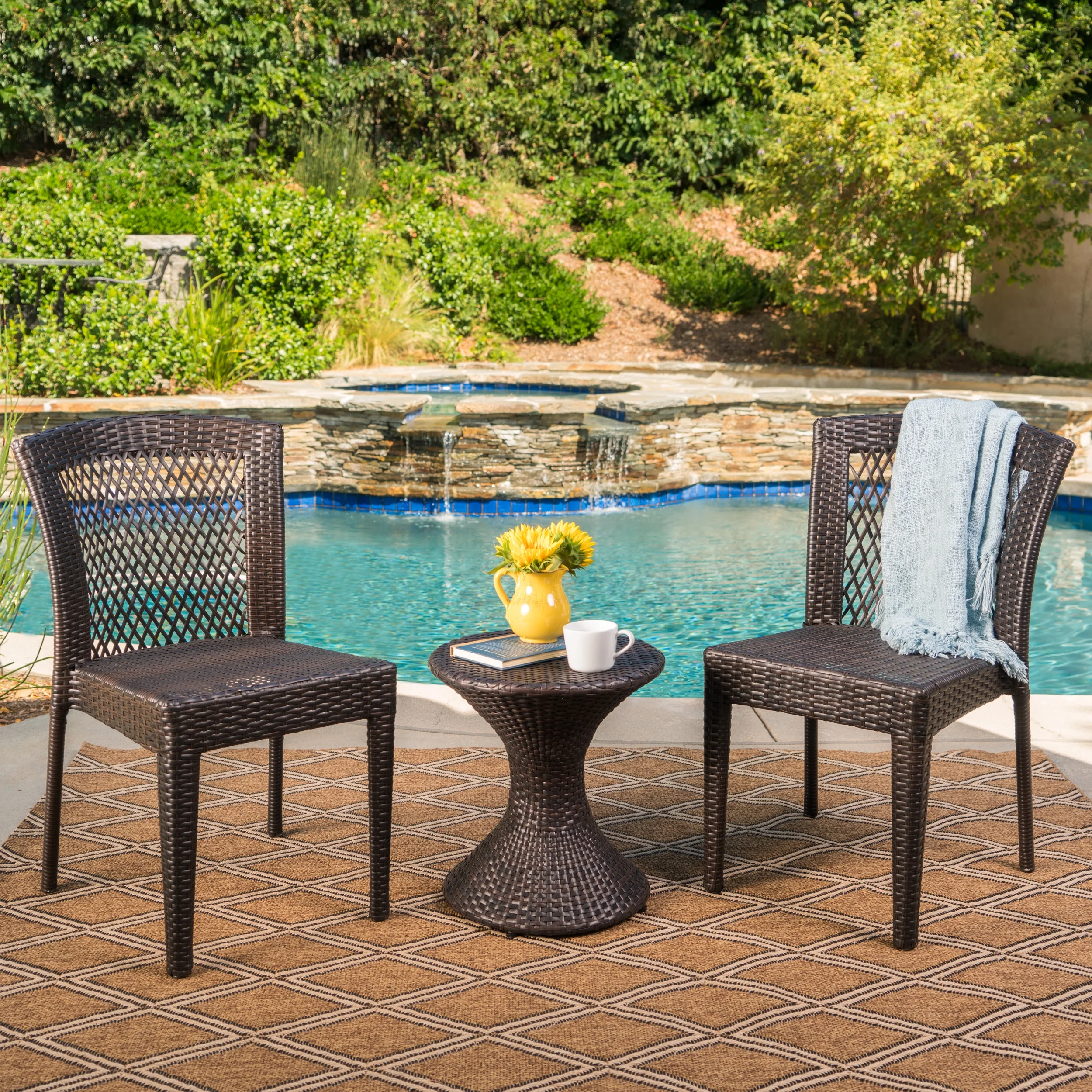Rigby Outdoor 3 Piece Wicker Chat Set with Stacking Chairs and Hourglass Side Table, Multibrown
