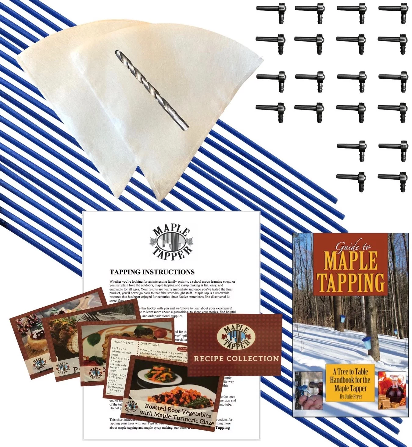 Deluxe Maple Sugaring / Maple Sap Tapping  Kit (Tap 20 Trees), (20) Maple Taps and Tubes, (2) Sap Syrup Filters, Tapping Drill Bit, 80 Page Guide to Maple Tapping Book, Recipe Cards