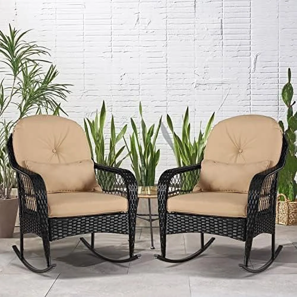 ZWNLKQG 2pcs Outdoor Wicker Rocking Chair - Garden Patio Yard Porch Lawn Balcony Backyard  All- Weather Wicker Rocker Chair with Cushions (2PCS Khaki)