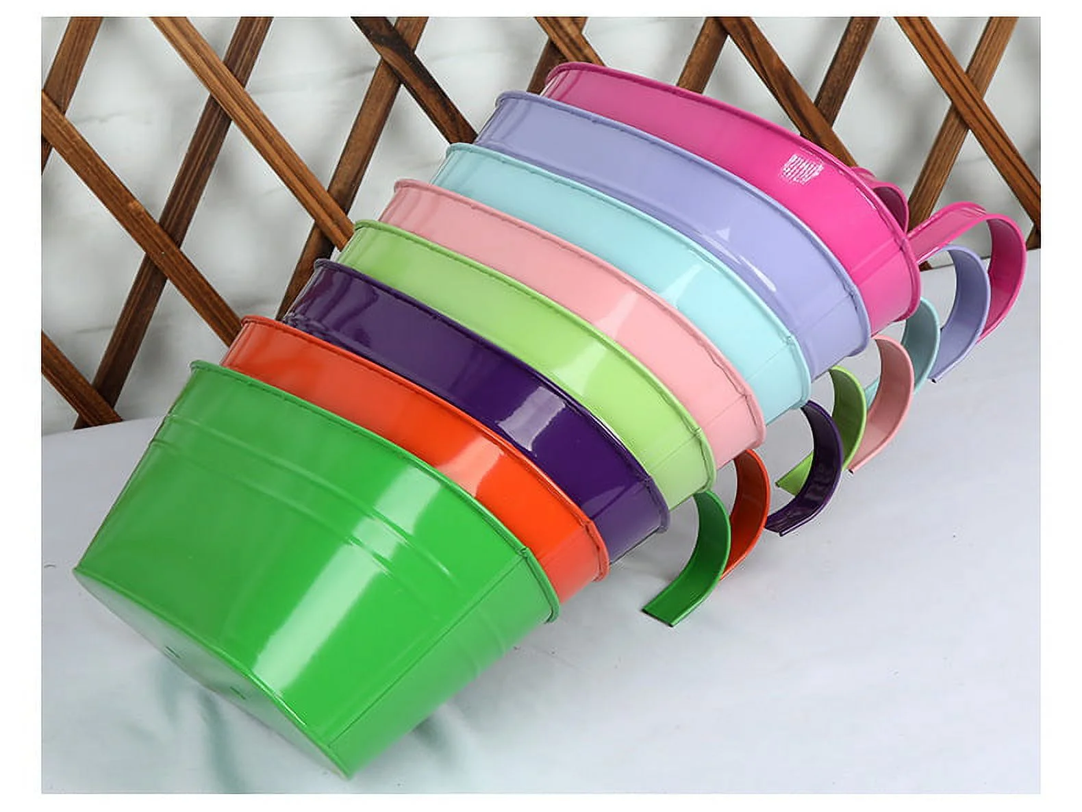 Zhuge Purple 3 Pack, 11 Inch Colorful Metal Iron Hanging Flower Pot Deck Railing Fence Wall Mount Buckets Modern Countryside Style Window Box Container Hooks Hanger Porch Decor