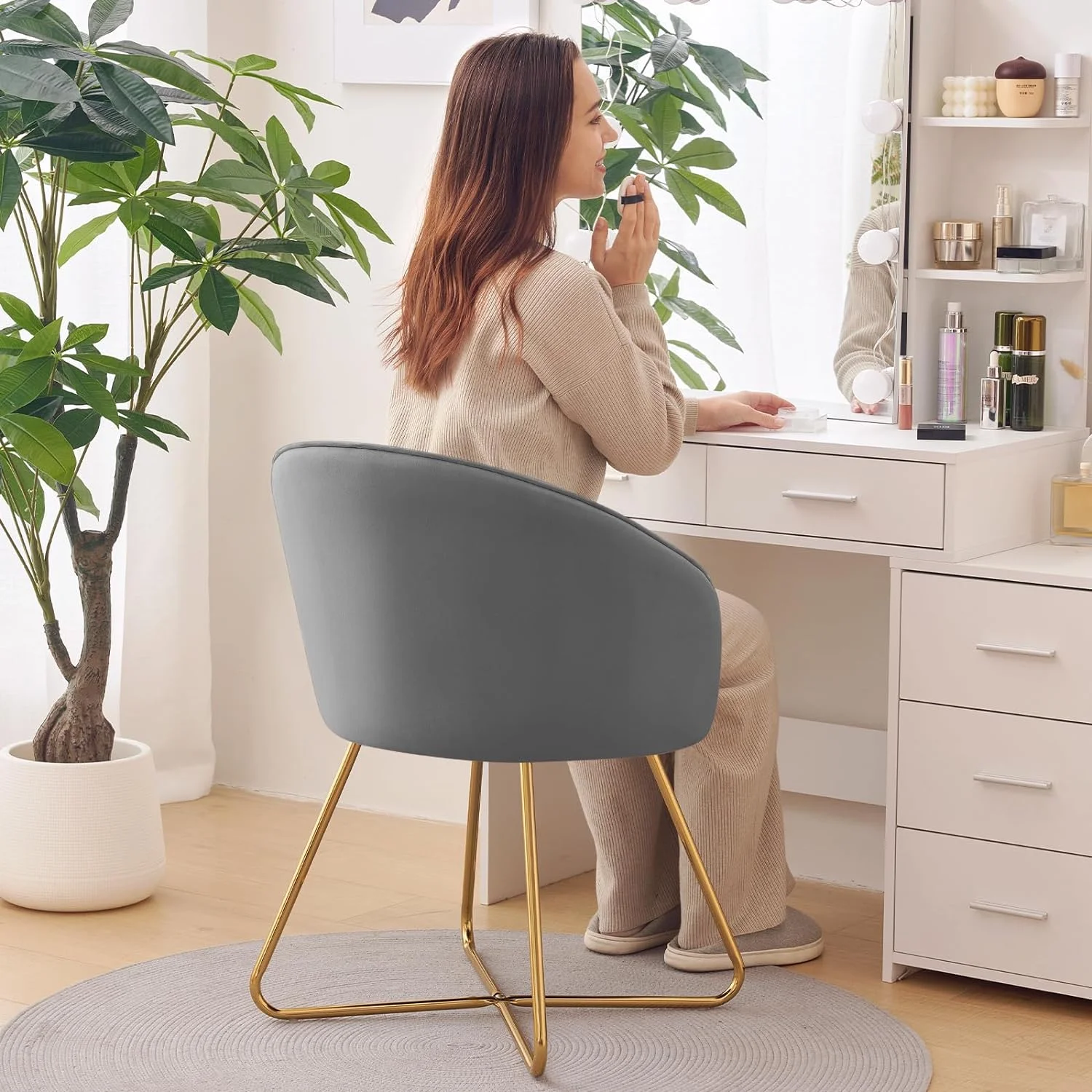 YPNLZQ Velvet Vanity Chair Modern Comfy Lounge Upholstered Barrel Chair  Room Bedroom Dining Room Office 1pcs (Pink)