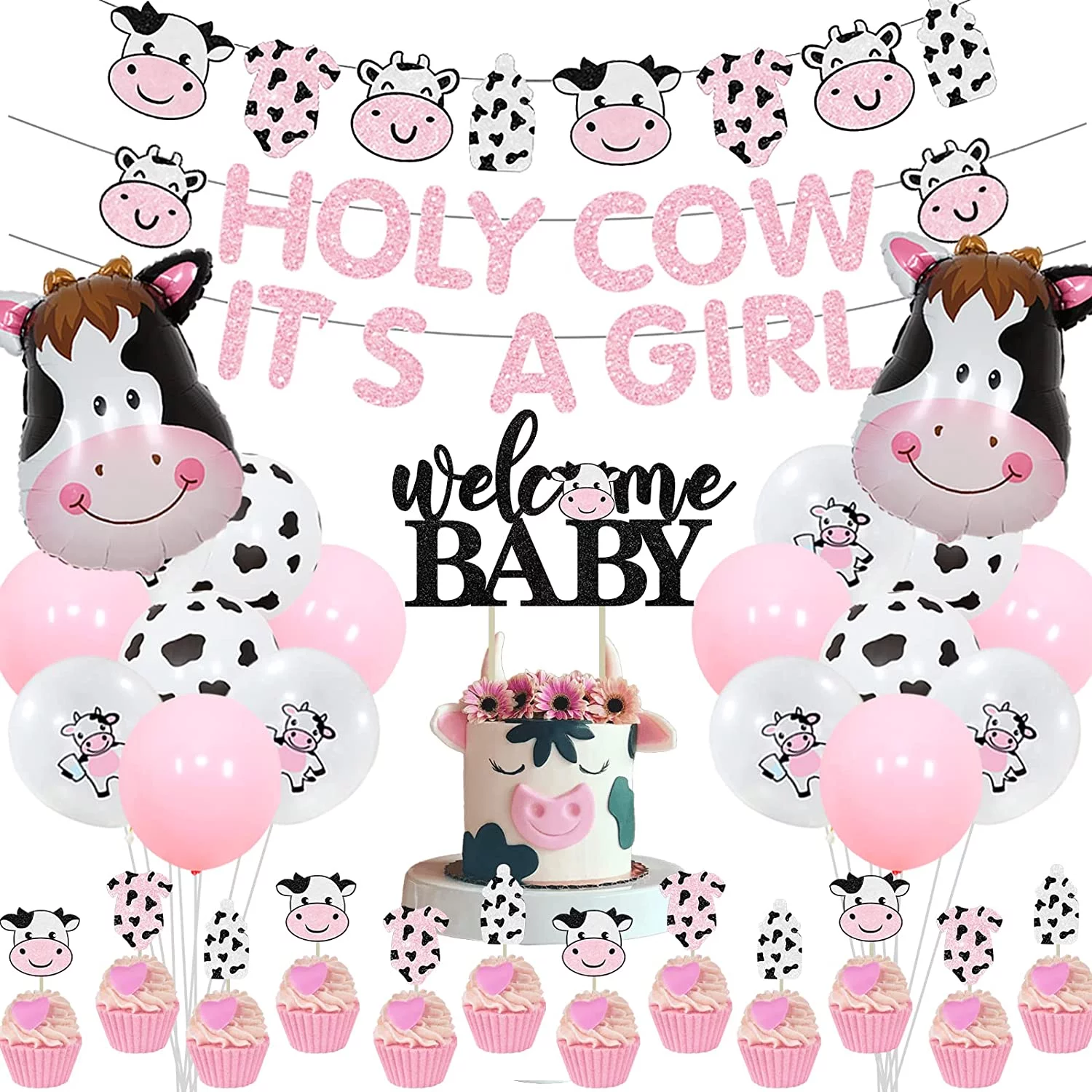 Cow Print Baby Shower Decorations Girl, Holy Cow It's a Girl Baby Shower Decorations, Pink Cow Garland, Welcome Baby Cake Toppers for Farm Animal Floral Girl Baby Shower Party Decoration