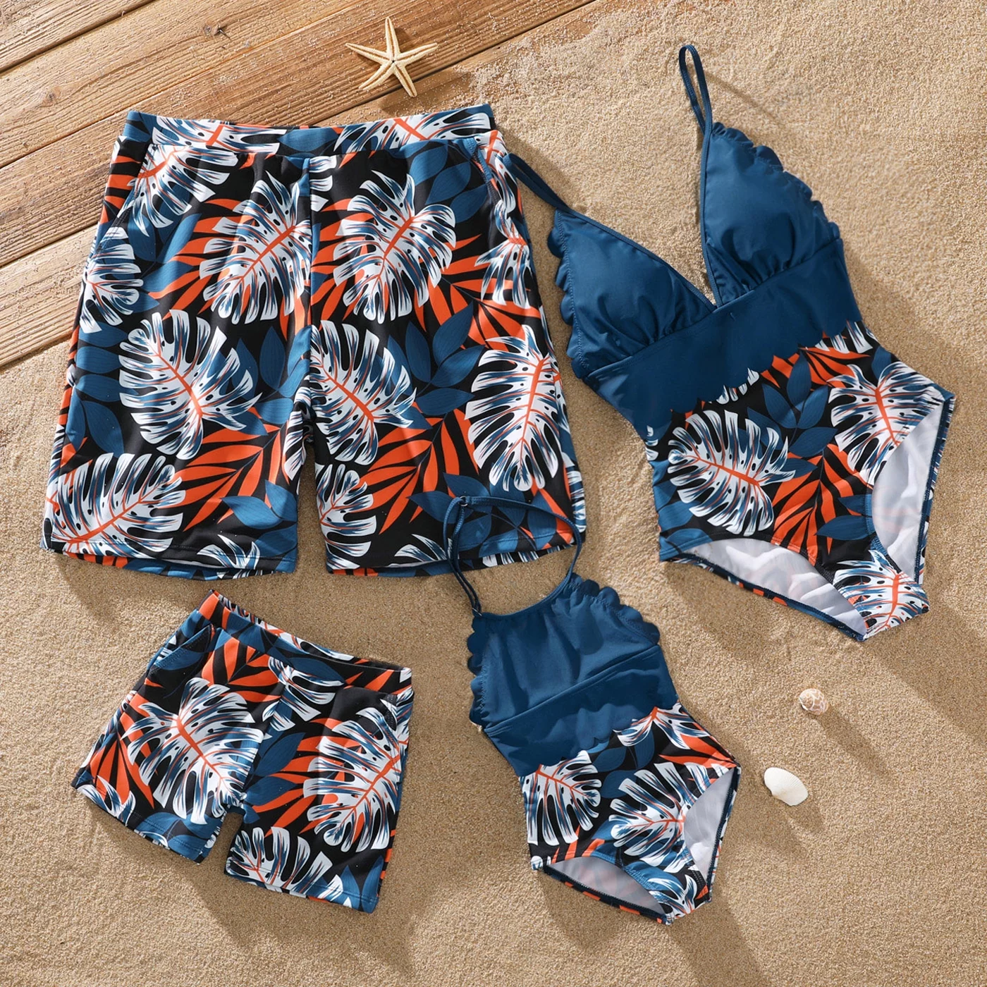PatPat Family Matching Swimwear Set Palm Leaf Print Bathing Suit,Mommy and Me V Neck Spaghetti Strap One-Piece Swimsuit Father and Son Swim Trunks Beachwear Shorts