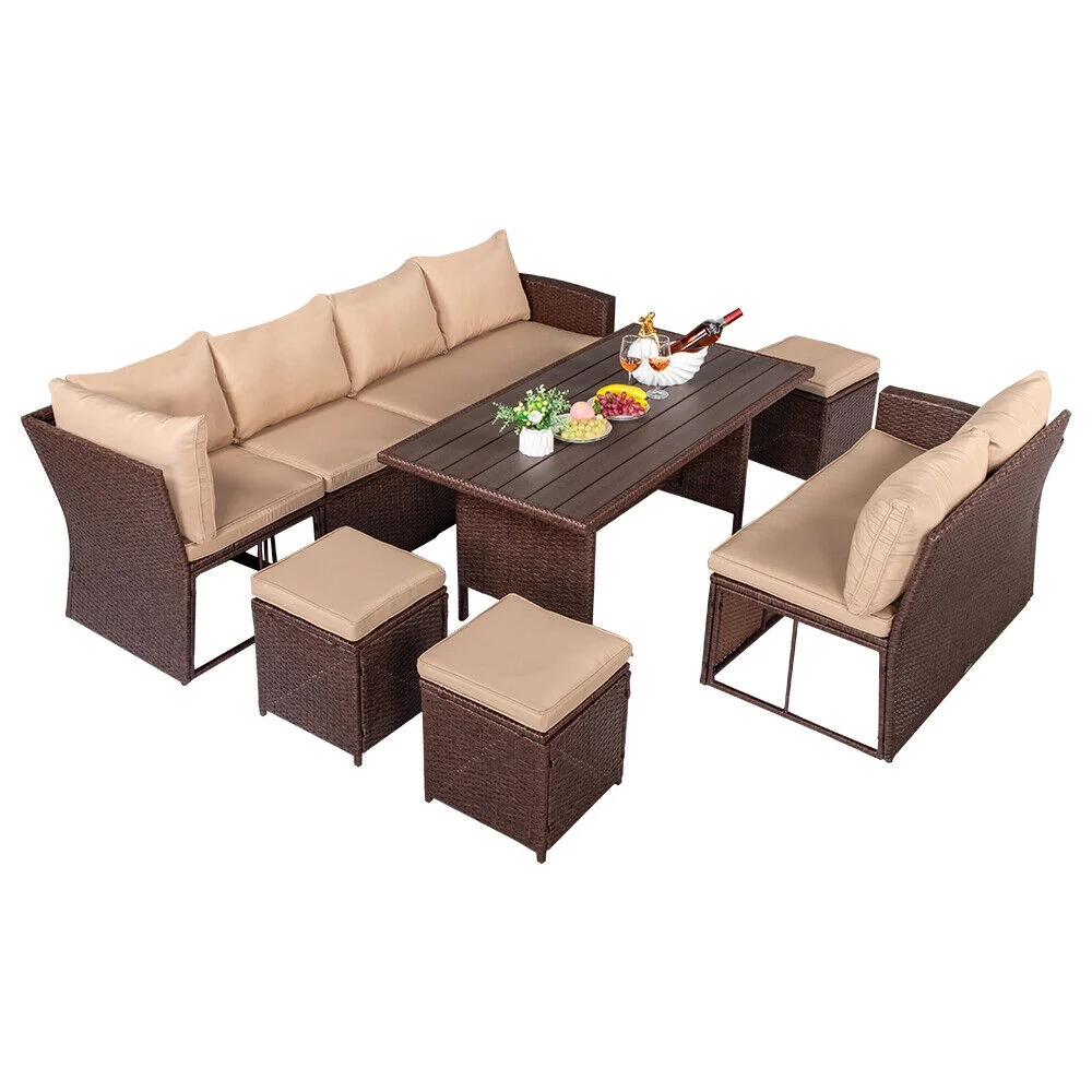 8PCS Patio Rattan Dining Set Cushioned Sofa Ottoman Table Yard Furniture