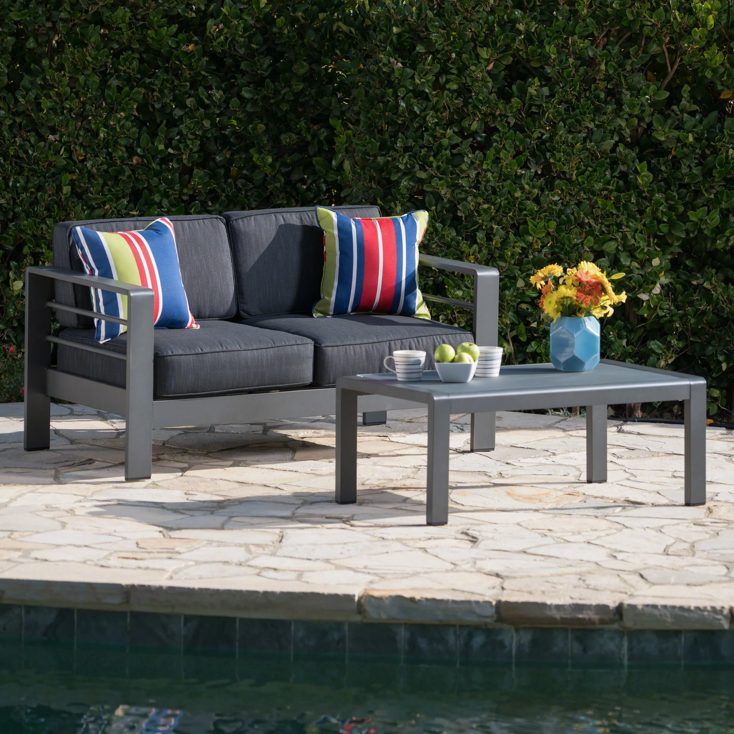Cybele Doris Outdoor 2 Seater Grey Aluminum Conversation Set with Cushions, Dark Grey
