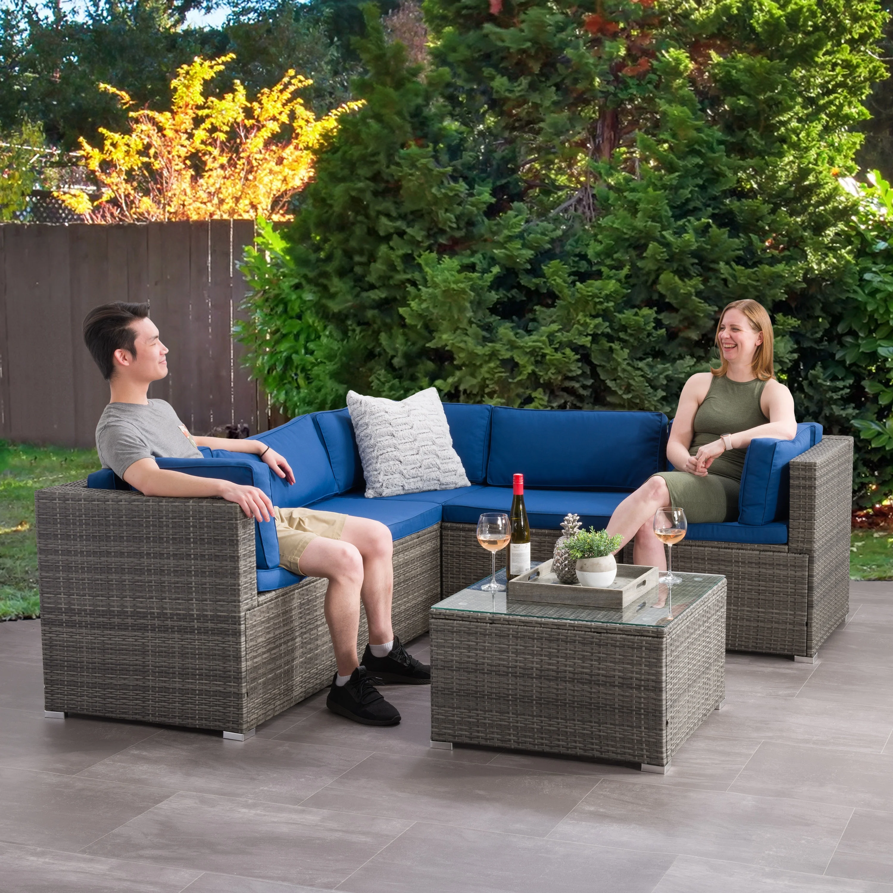 CorLiving Parksville 6-Piece Resin Wicker Rattand and Galvanized Steel Patio Sectional Set with Cushions and Square Coffee Table, Expandable, Outdoor Conversation Set