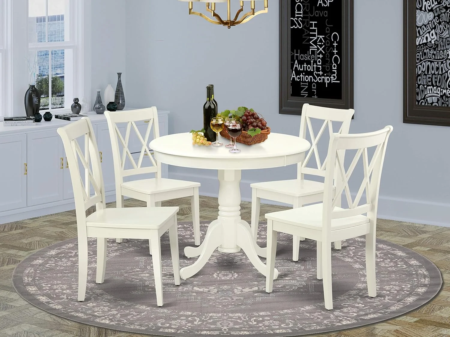 Antique 5 Piece Set For 4 Includes A Round Table With Pedestal And 4 Kitchen Dining Chairs, 36X36 Inch