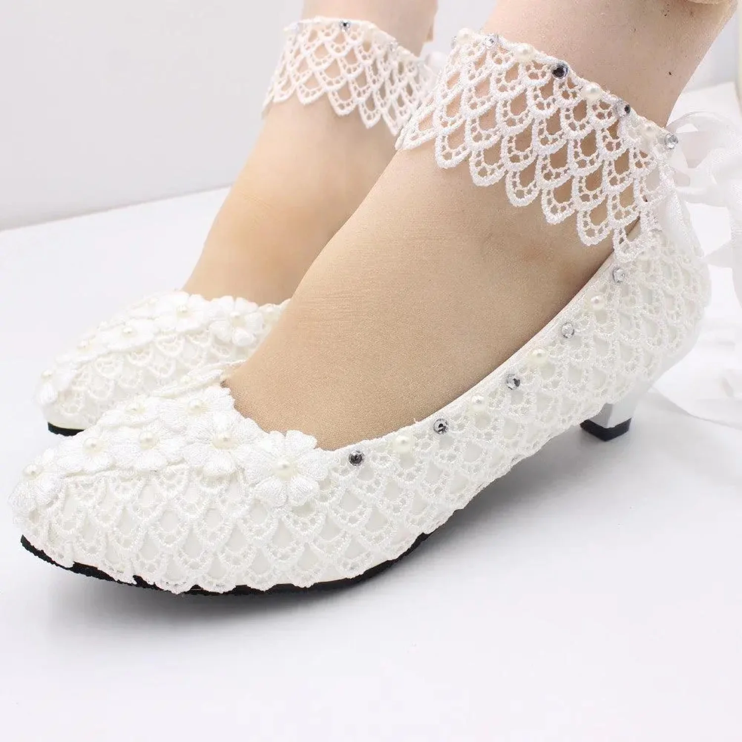 Women Bridal Bridesmaid High Heels 8cm Floral Crystal Wedding Shoes Lace Prom