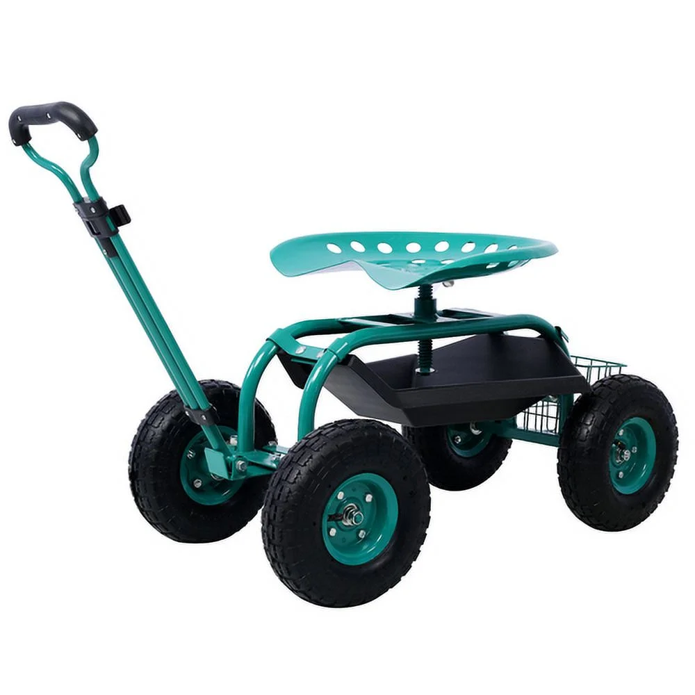 ACETEK 360 Swivel Seat,Rolling Garden Scooter Garden Cart Seat with Wheels and Tool Tray, Green