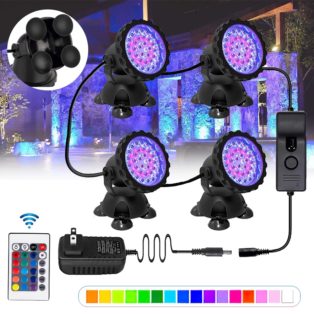 Submersible 36 LED RGB Pond Spot Lights Underwater Pool Fountain IP68+IR Remote