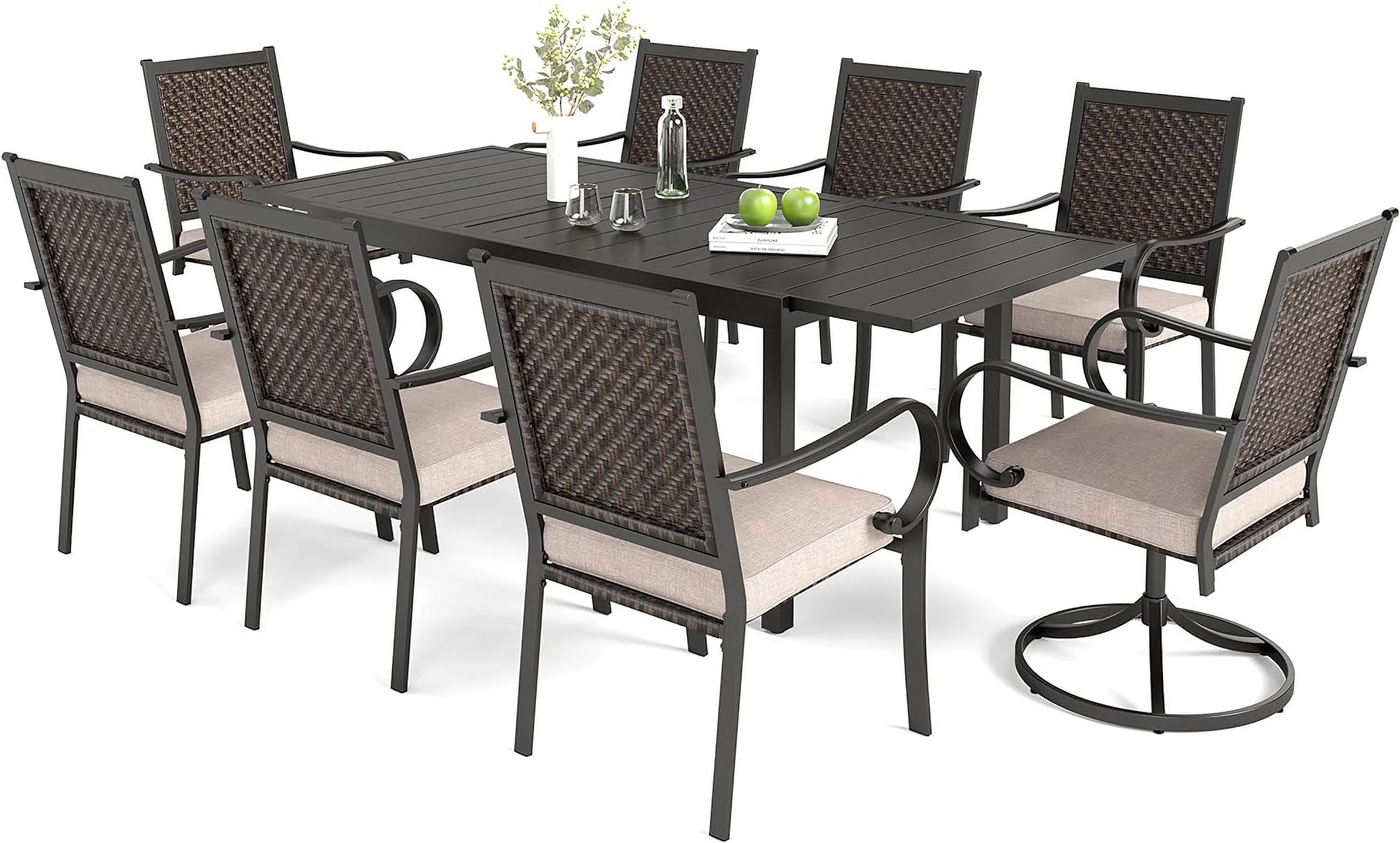 Outdoor Patio Dining Set 9 Pcs, Patio Dining Table Chairs Set, 8 Rattan Chairs(2 of Them Swivel) with Cushions and 1 Metal Expandable Table for Lawn, Garden, Yards, Poolside