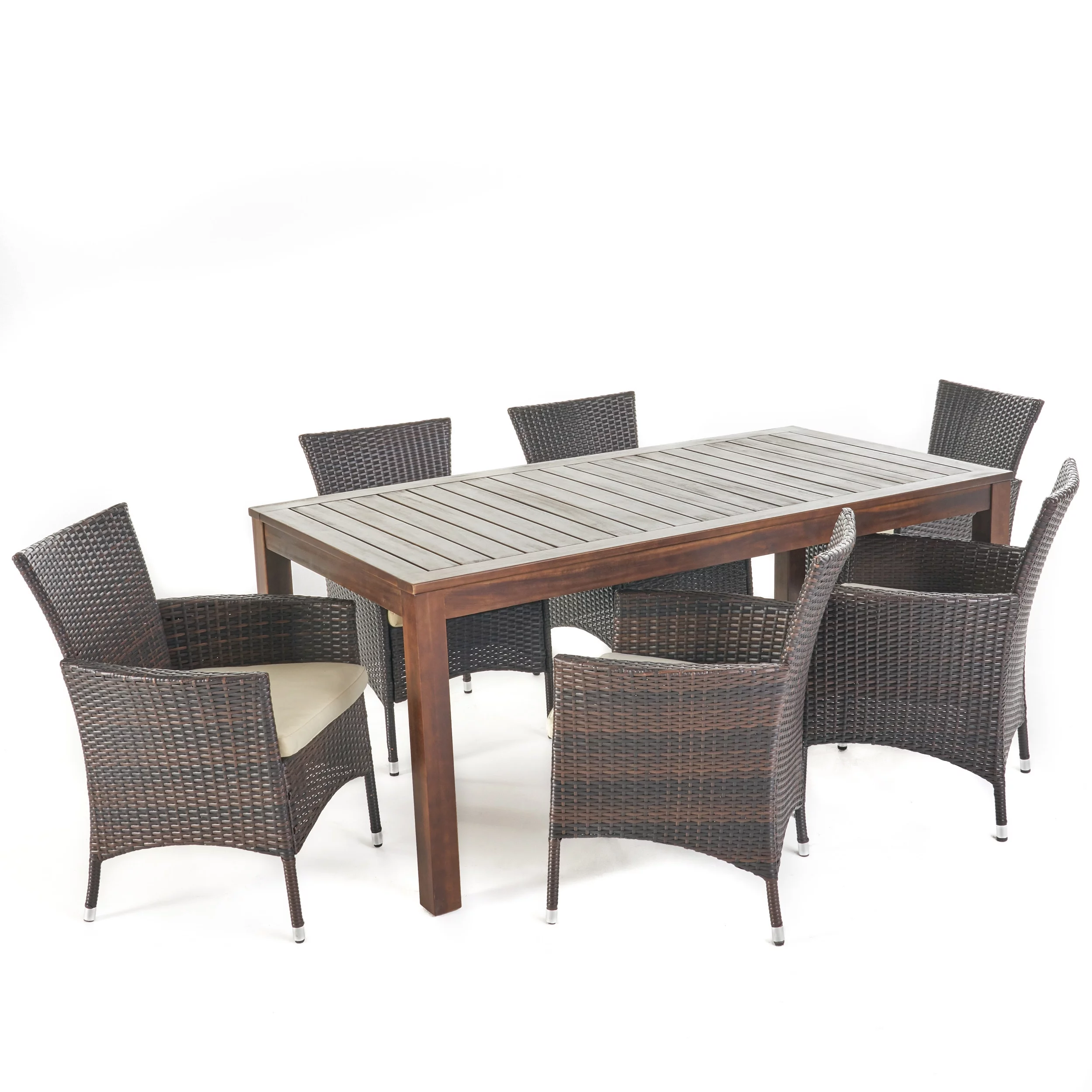 Taft Outdoor 7 Piece Wicker and Wood Dining Set with Water Resistant Cushions, Beige