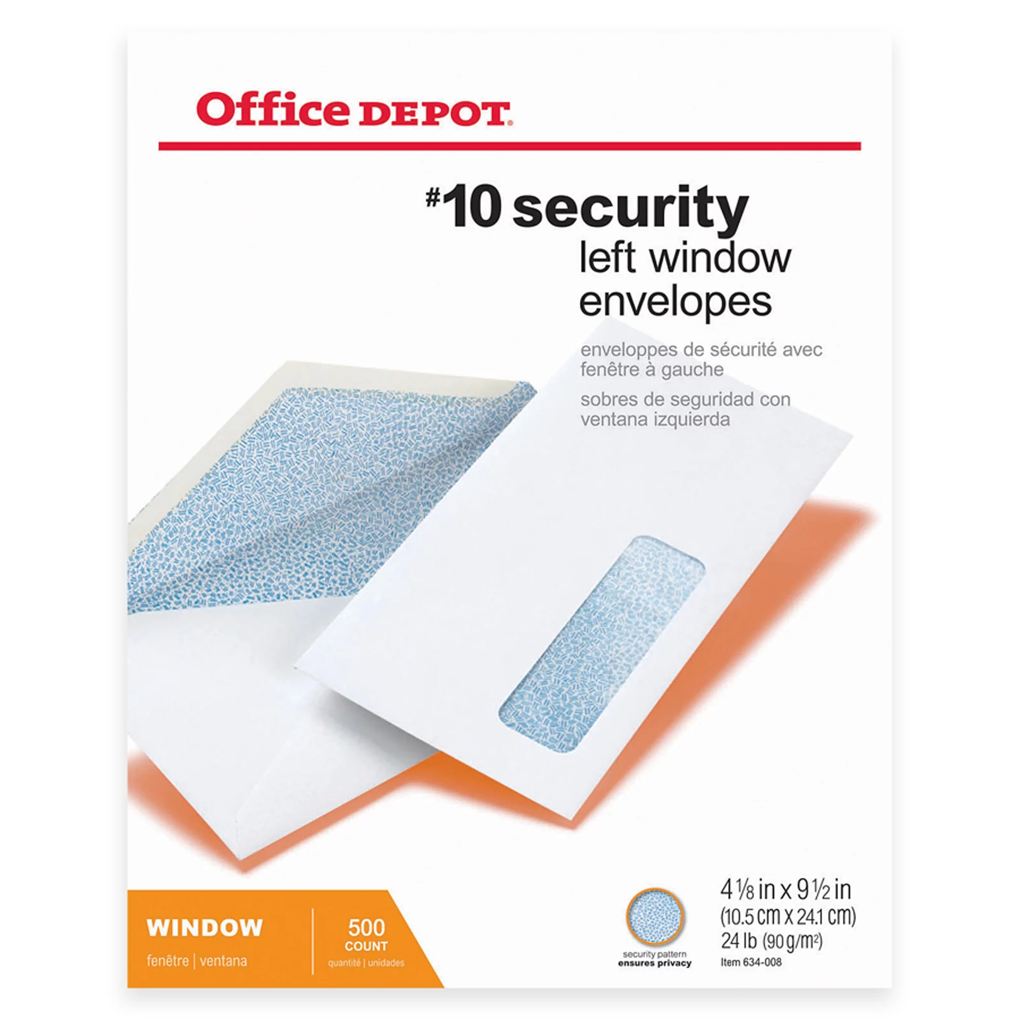 Office Depot Security Window Envelopes, #10 (4 1/8in. x 9 1/2in.), White, Box Of 500, 12017