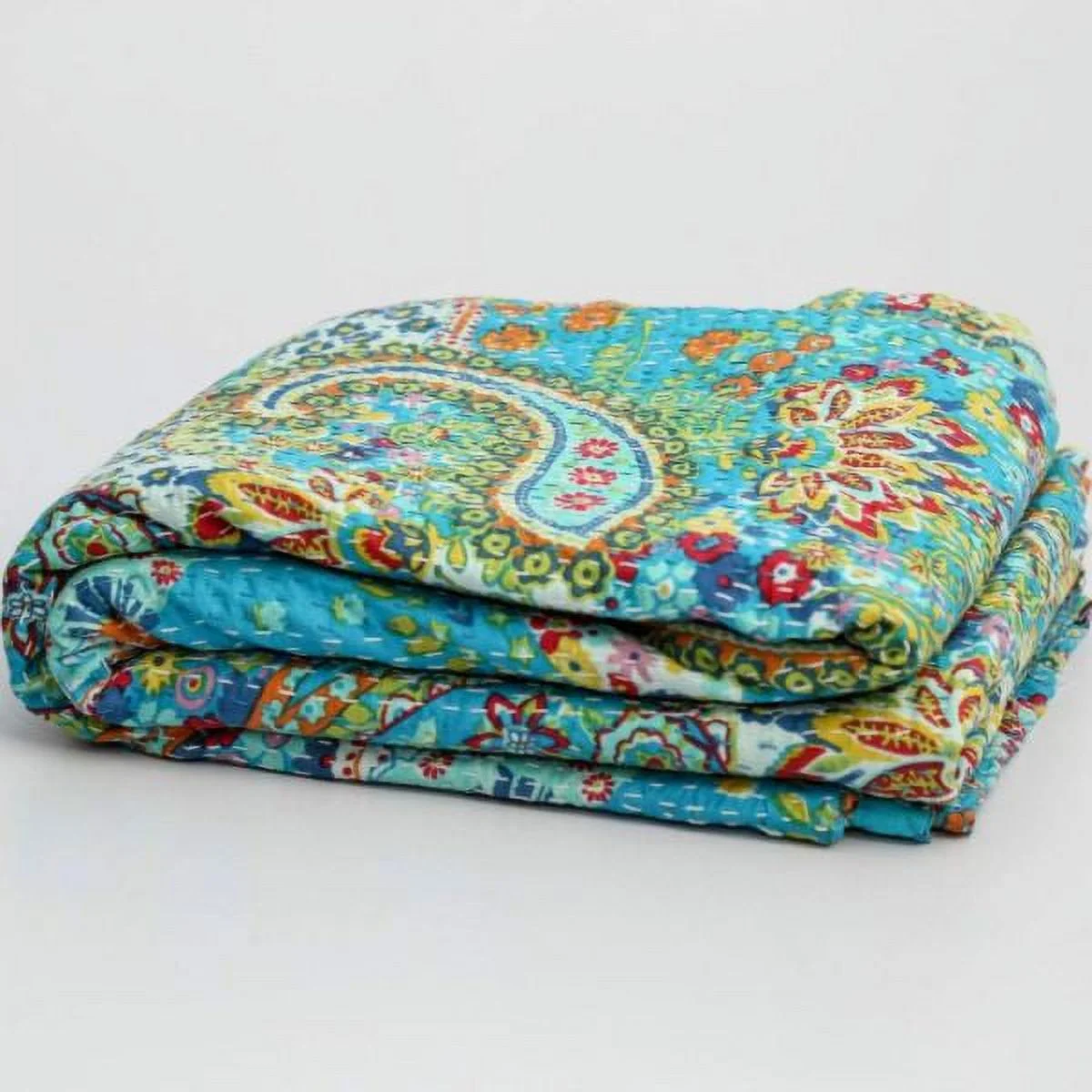 indian cotton kantha quilt Bedding throw sofa coverlet bedspread single size Handmade vintage blanket turquoise paisley print