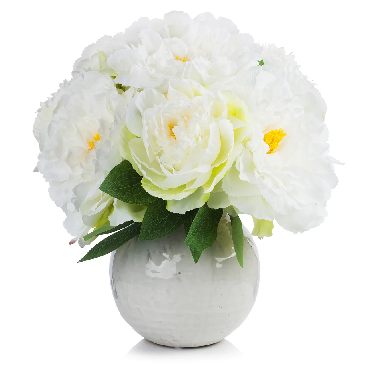 Enova Home Artificial Silk Peony Faux Flowers Arrangement in Round Ceramic Pot for Home Office Wedding Decoration (Cream)