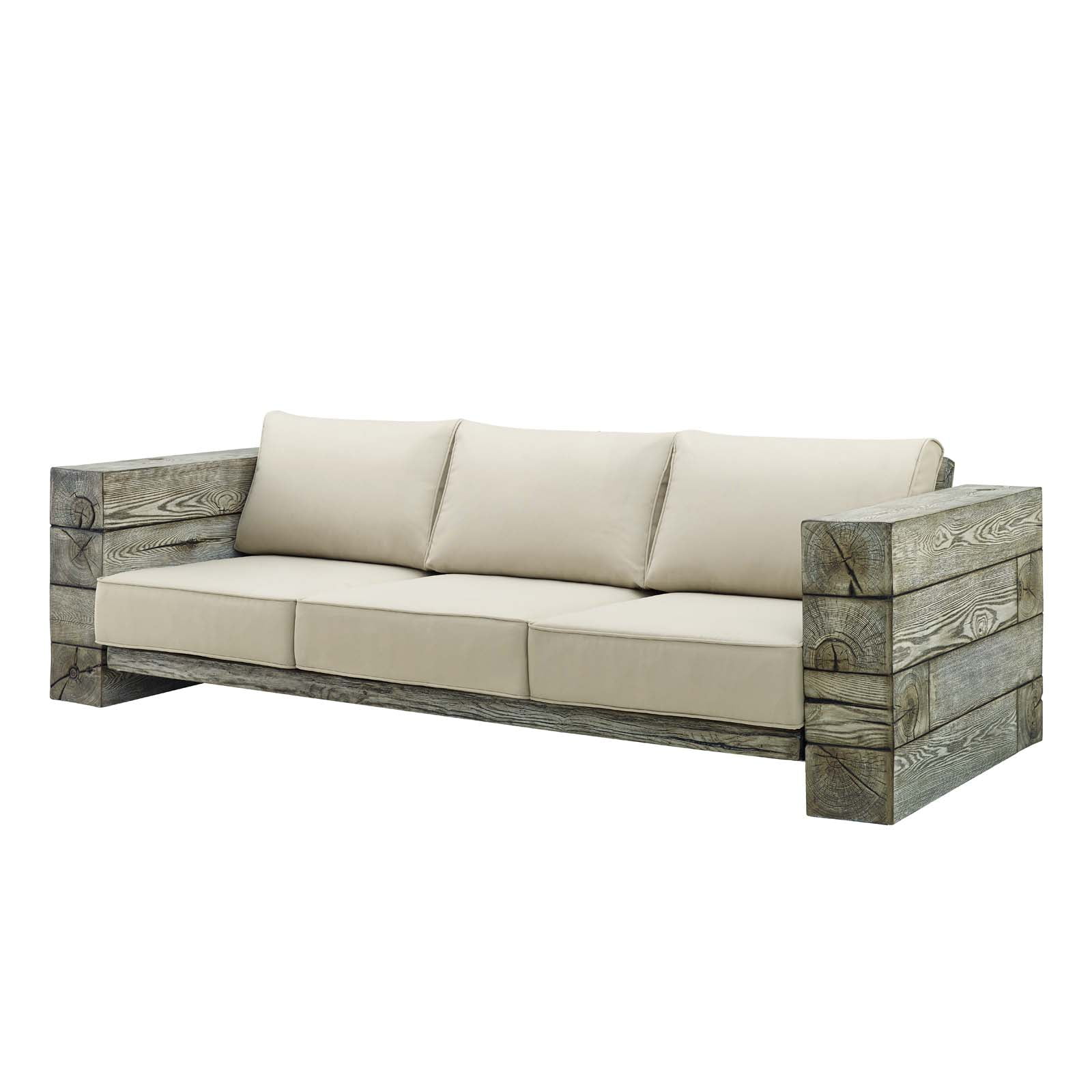 Contemporary Modern Urban Designer Outdoor Patio Balcony Garden Furniture Lounge Sofa, Faux Simulate Wood, Beige